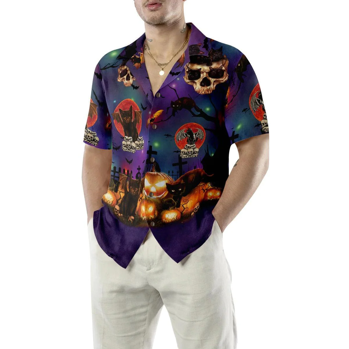 Black Cat Halloween Hawaiian Shirt, Skull Hawaiian Shirt, Pumpkin Hawaiian Shirt - Perfect Gift For Lover, Friend, Family - Image 4