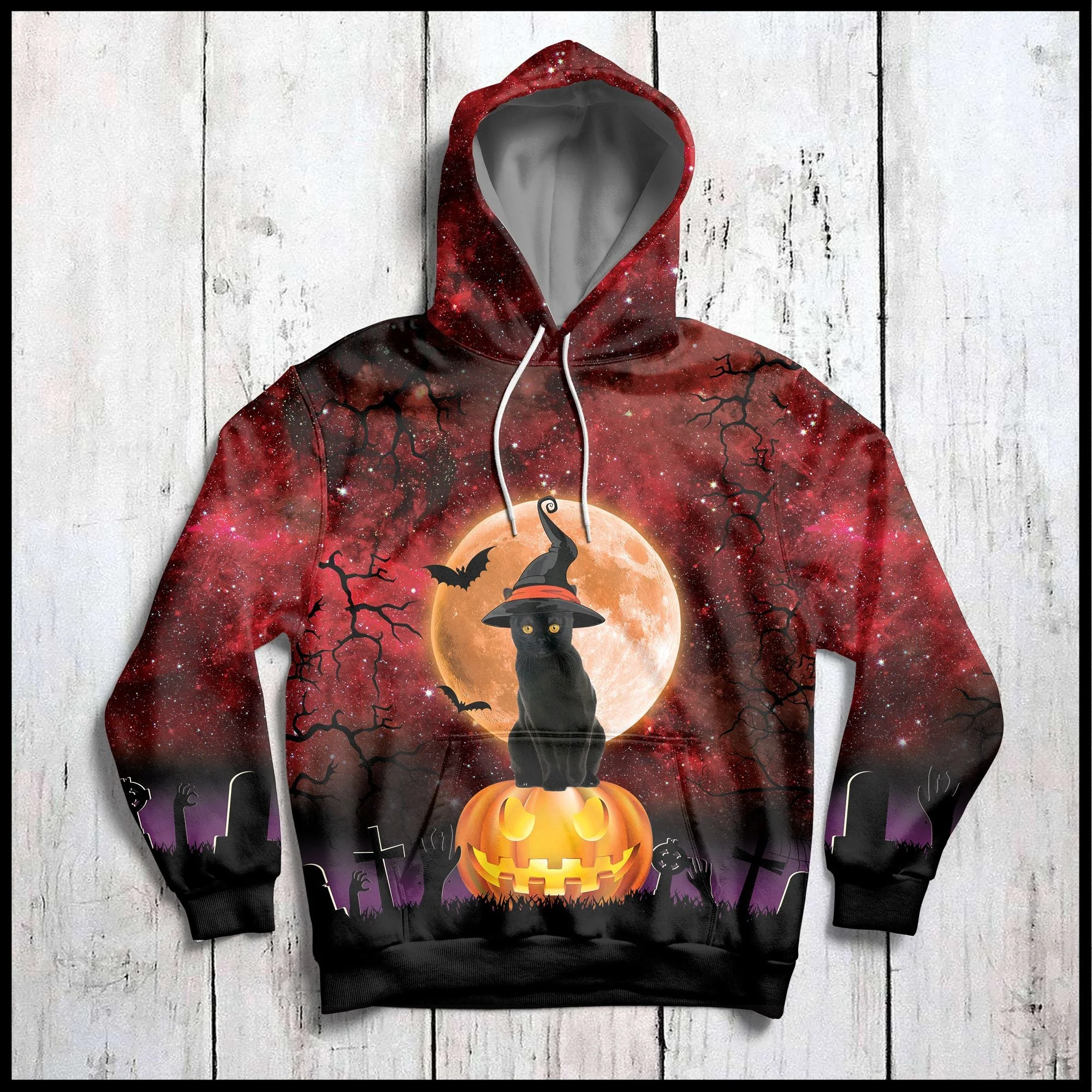 Black Cat Halloween Red Sky Pullover Premium Hoodie, Perfect Outfit For Men And Women On Christmas New Year Autumn Winter - Image 2