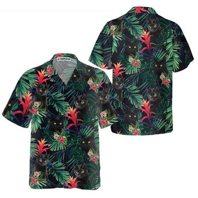 Black Cat Hawaiian Shirt, Tropical Leaves Aloha Shirt For Men - Perfect Gift For Men, Cat Lovers, Husband, Boyfriend, Friend, Family