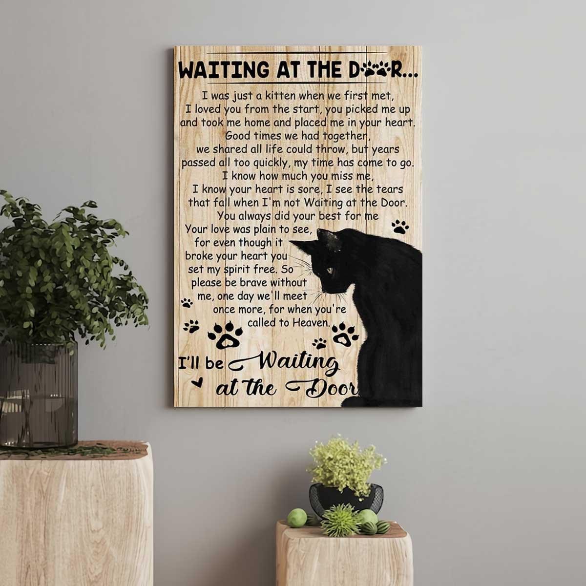 Black Cat Portrait Canvas, Cat Waiting At The Door Premium Wrapped Canvas - Gift For Family, Cat Lovers