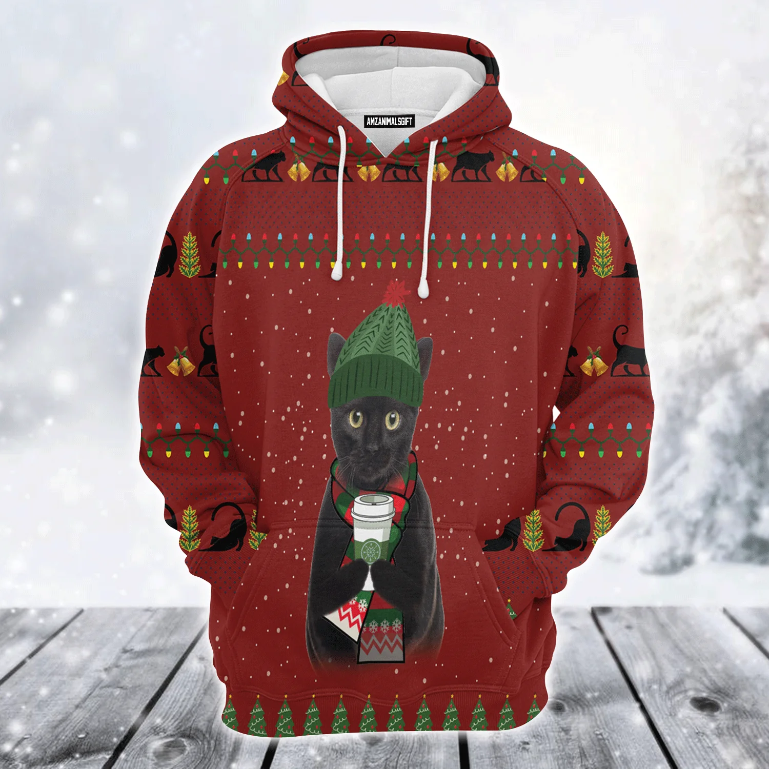 Black Cat Premium Christmas Hoodie, Cute Black Cat Coffee Unisex Hoodie For Men & Women - Perfect Gift For Christmas, Black Cat Lover - Image 2