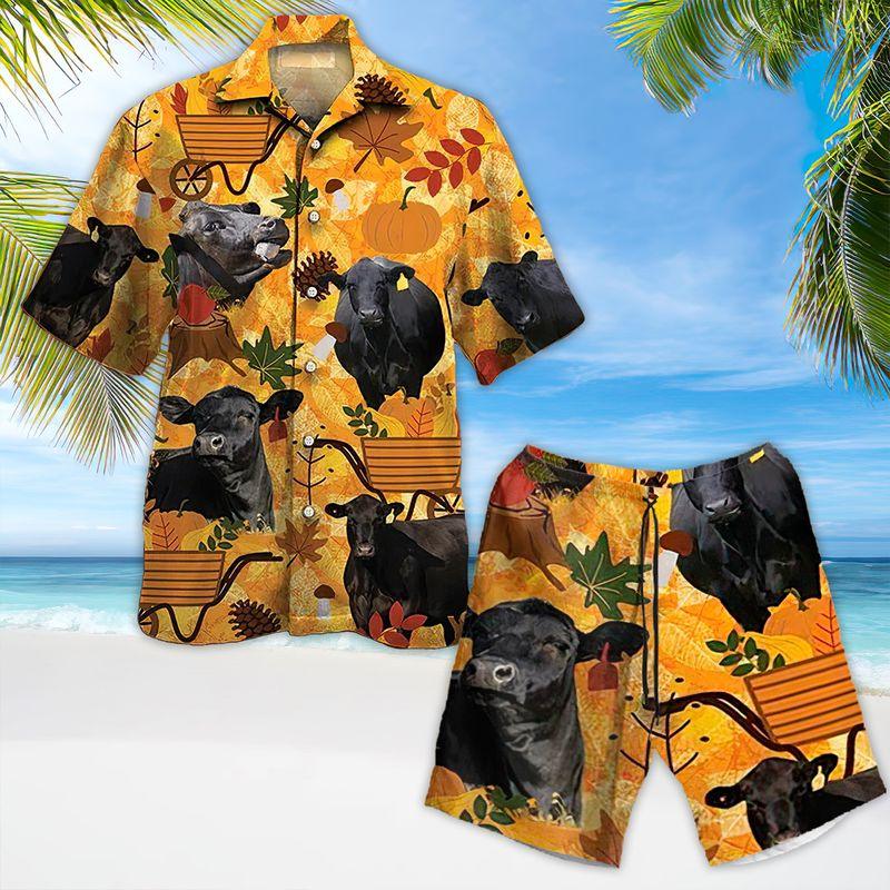 Black Cow Aloha Hawaiian Shirts For Summer, Autumn Pattern Hawaiian Set For Men Women, Thanksgiving Gift For Friend, Farmer, Harvest Day, Cow Lovers