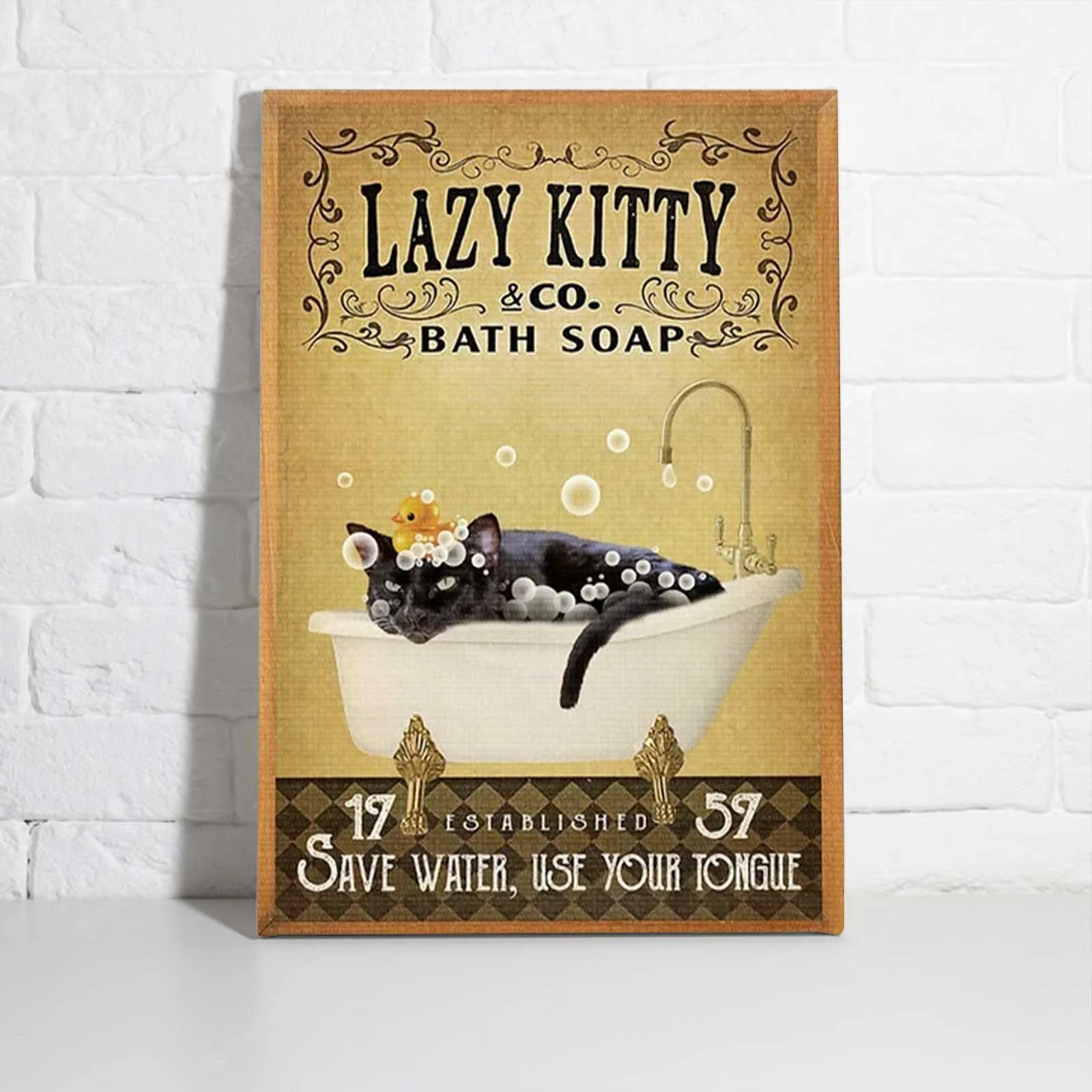 Black Kitty Portrait Canvas - Lazy Kitty Bath Soap Saver Water, Use Your Tongue Premium Wrapped Canvas - Perfect Gift For Black Cat Lover