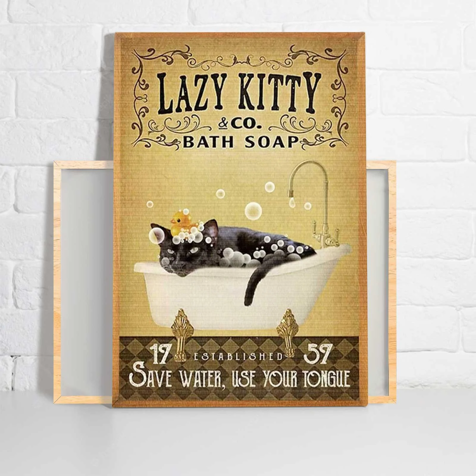 Black Kitty Portrait Canvas - Lazy Kitty Bath Soap Saver Water, Use Your Tongue Premium Wrapped Canvas - Perfect Gift For Black Cat Lover - Image 2