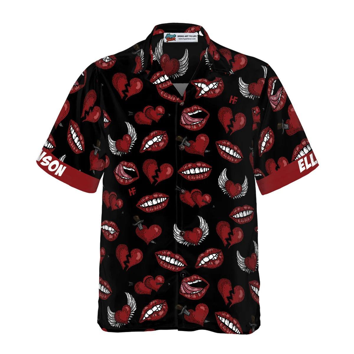 Black Valentine Seamless Pattern Hawaiian Shirt Custom, Lips Personalized Hawaiian Shirt - Perfect Gift For Lover, Friend, Family