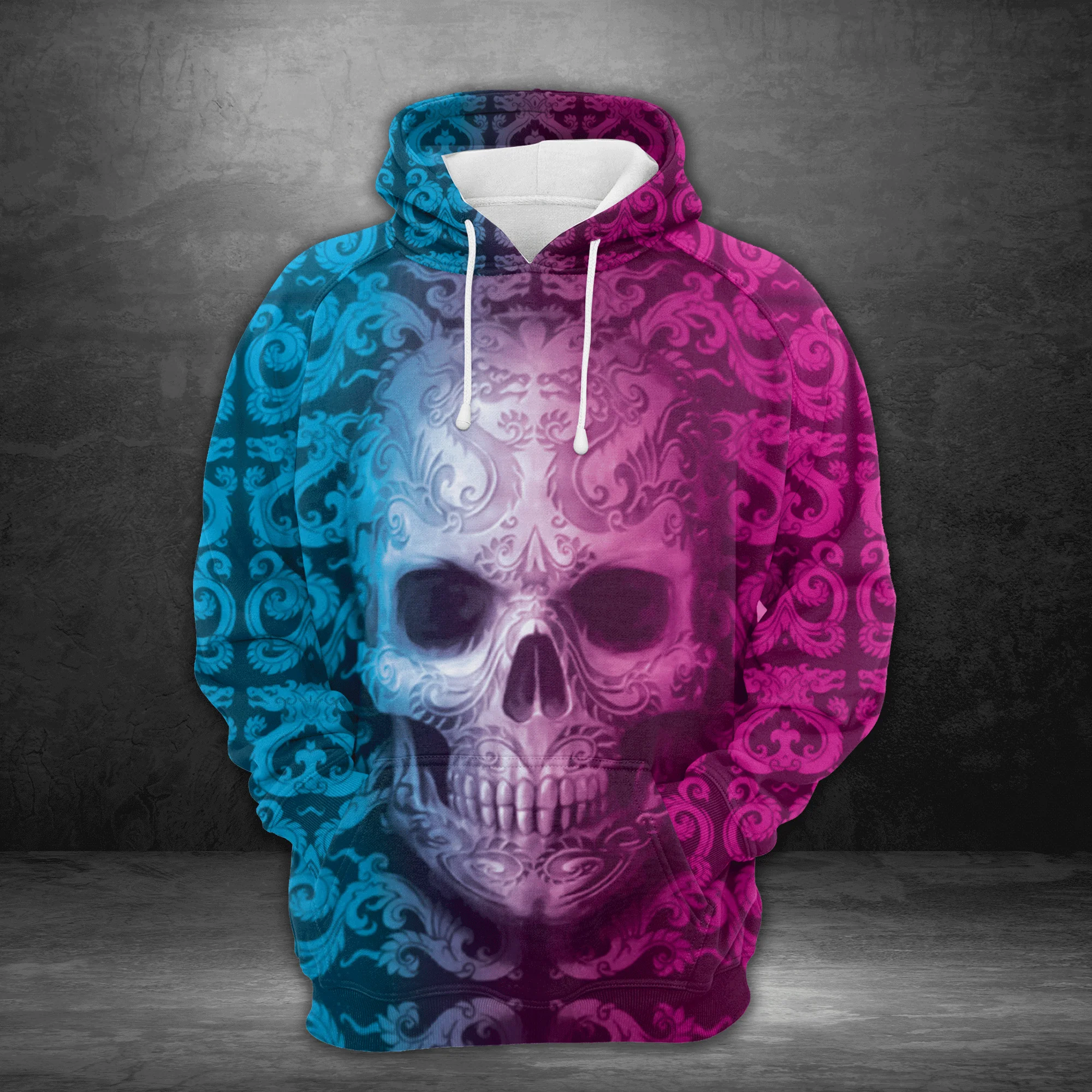 Blue & Pink Skull Pullover Premium Hoodie, Perfect Outfit For Men And Women On Christmas New Year Autumn Winter - Image 2