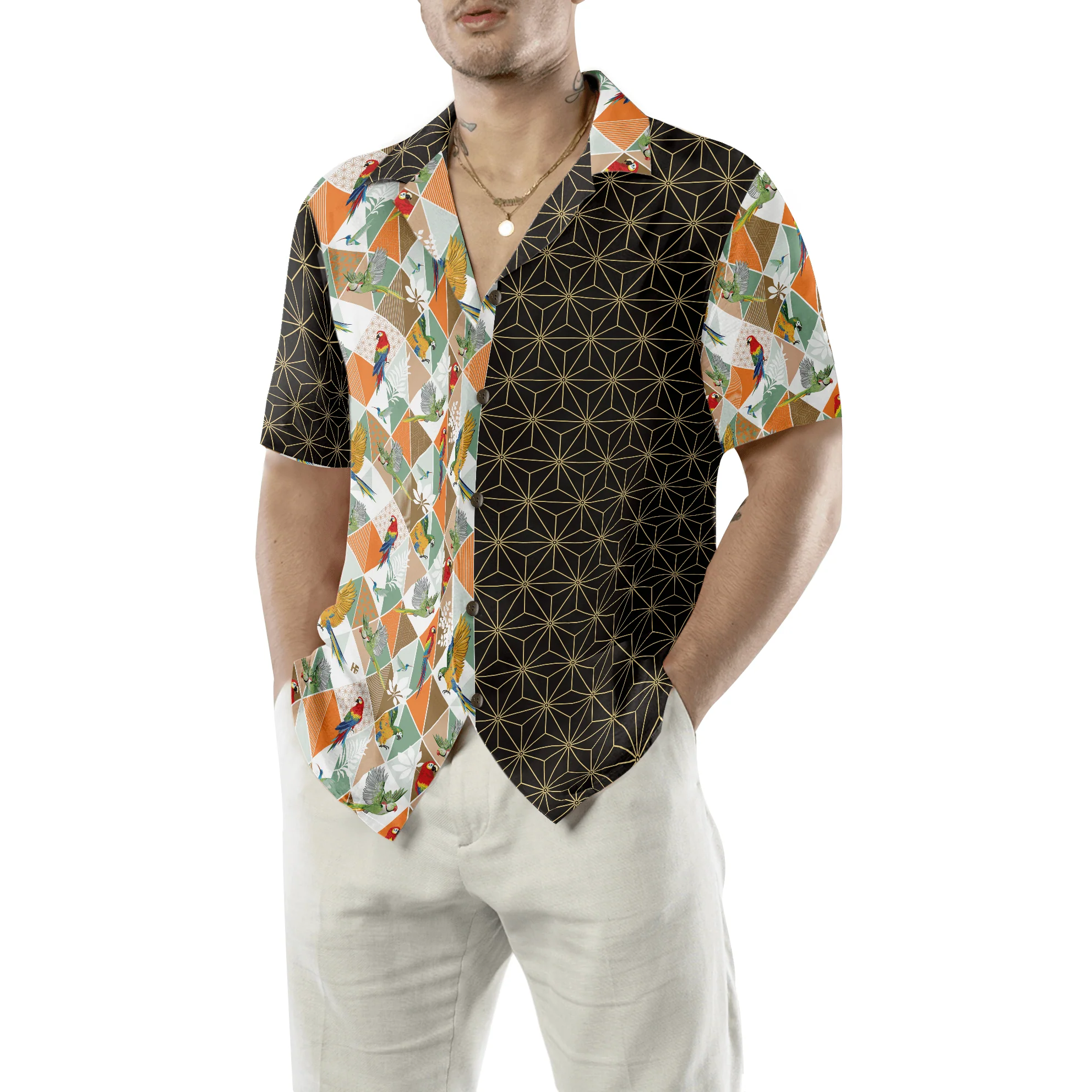 Bold Geometric Parrot Palm Hawaiian Shirt, Colorful Summer Aloha Shirts For Men Women, Perfect Gift For Husband, Wife, Boyfriend, Friend - Image 5