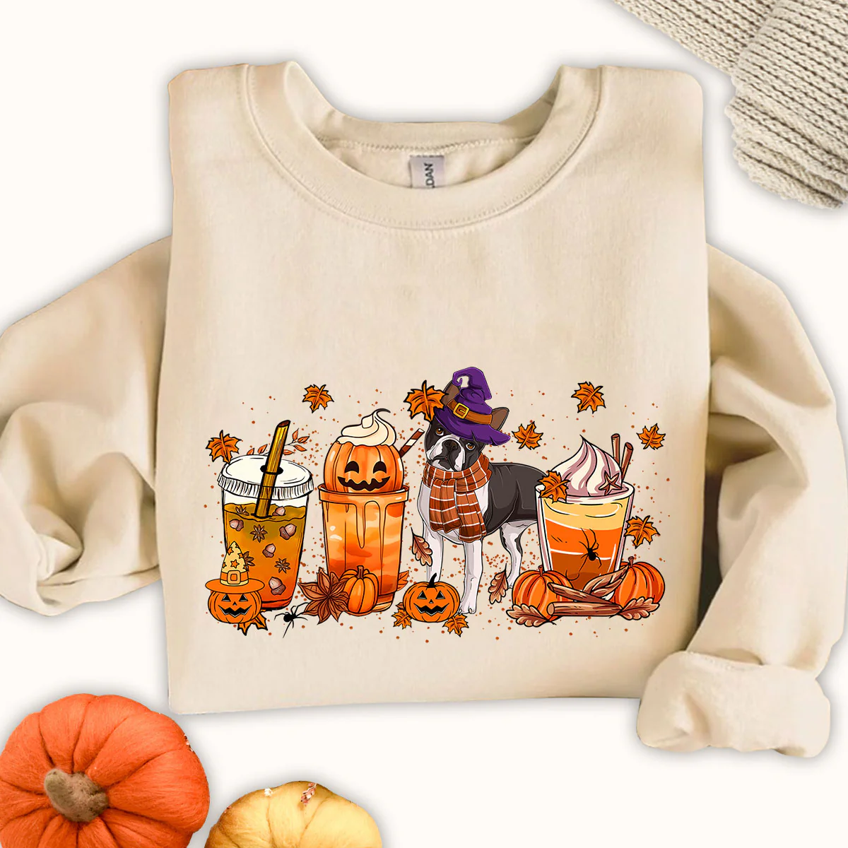 Boston Terrier Sweatshirt, Fall Coffee Latte Boston Terrier Shirt, Boston Terrier Halloween Sweatshirt - Image 4