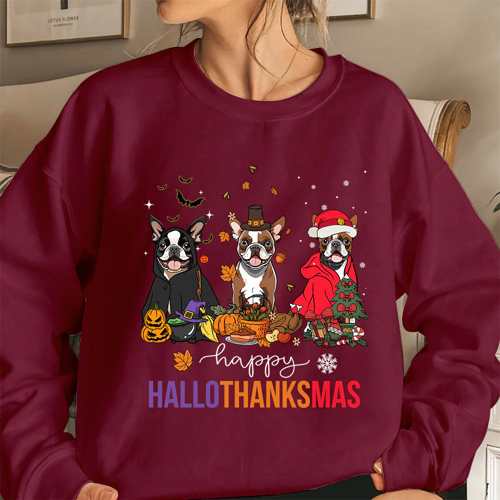Boston Terrier Sweatshirt, Happy Hallothanksmas Boston Terrier Shirt, Boston Terrier Halloween Sweatshirt - Image 3