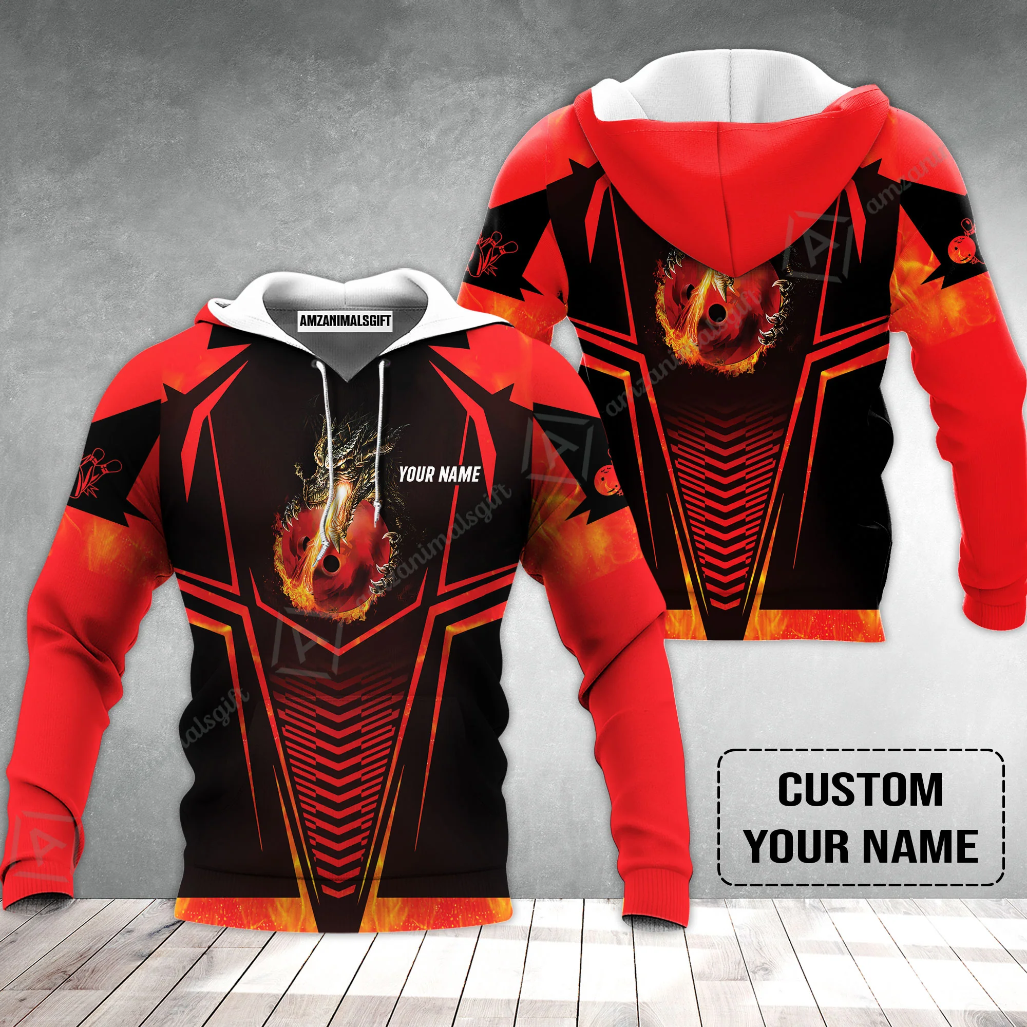 Bowling Custom Hoodie, Custom Name Dragon Fire Flame Personalized Bowling Hoodie - Image 2