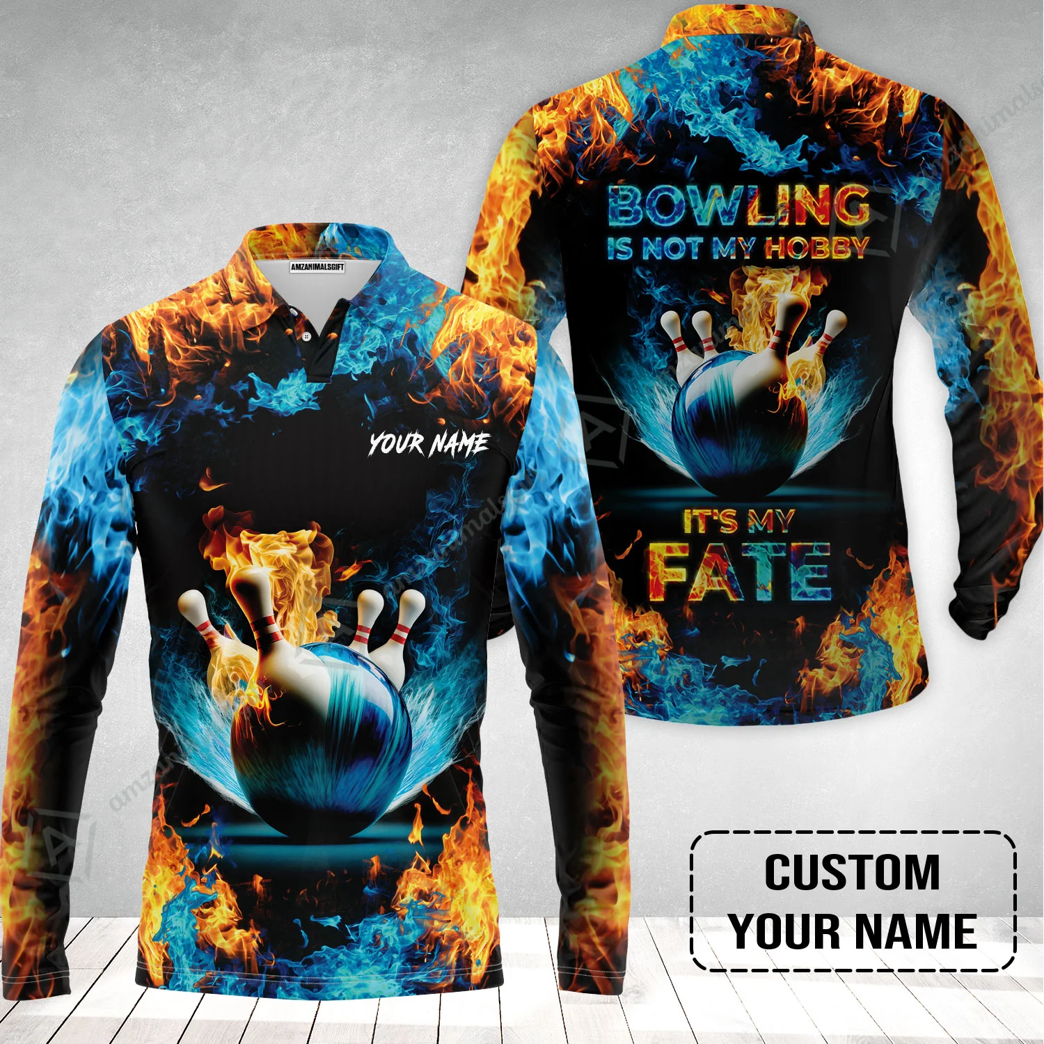 Bowling Custom Long Polo Shirt - Custom Name Blue Bowling Ball And Pins On Fire Personalized Bowling Long Polo Shirt - Image 2