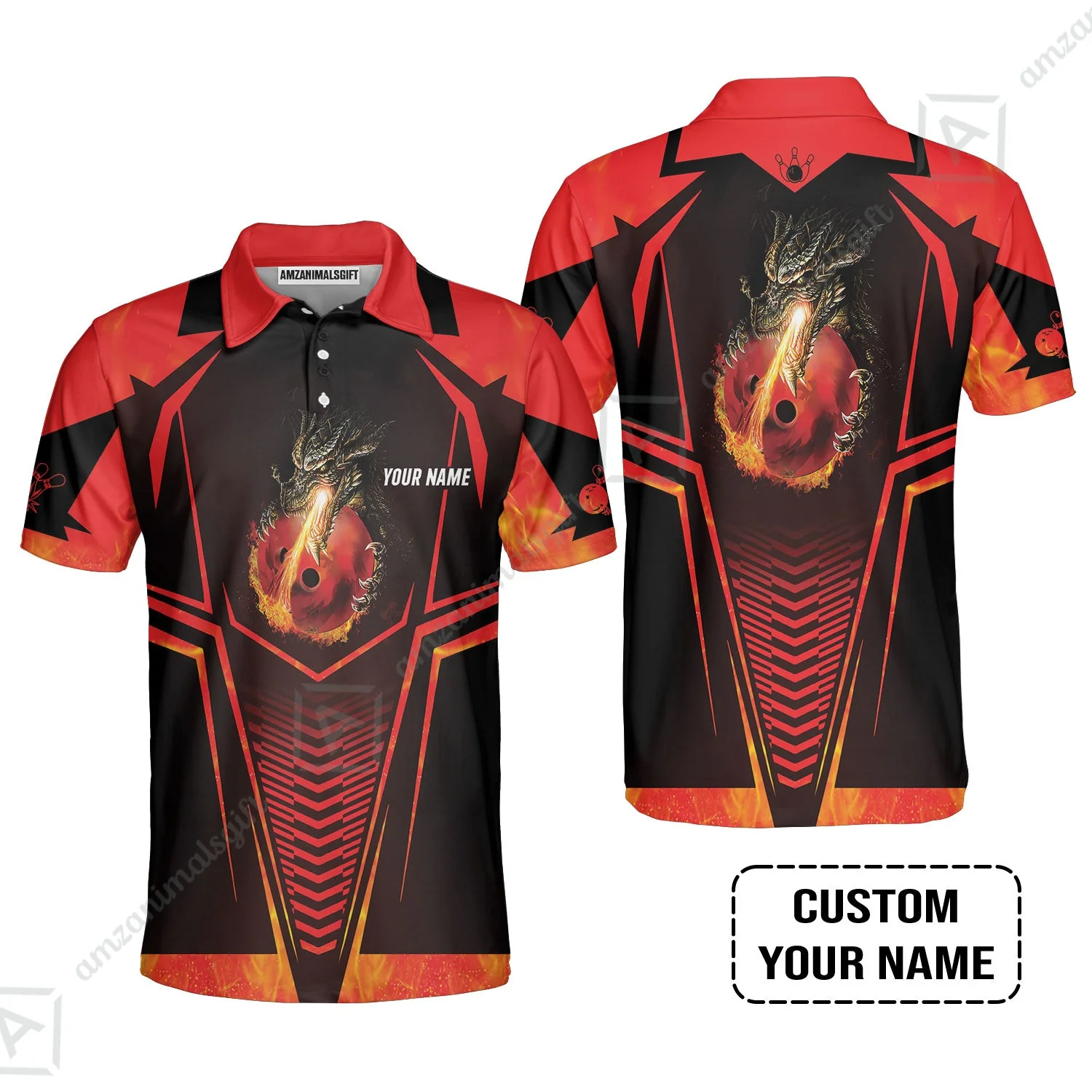 Bowling Custom Long Polo Shirt, Custom Name Dragon Fire Flame Personalized Bowling Long Polo Shirt - Image 3