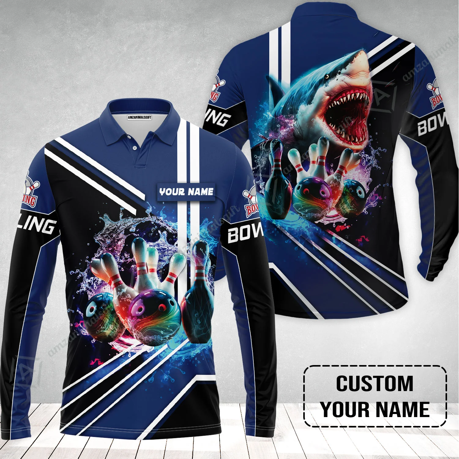 Bowling Custom Long Polo Shirt - Custom Name Shark Team Rainbow Bowling Ball And Pins On Water Personalized Bowling Long Polo Shirt - Image 2