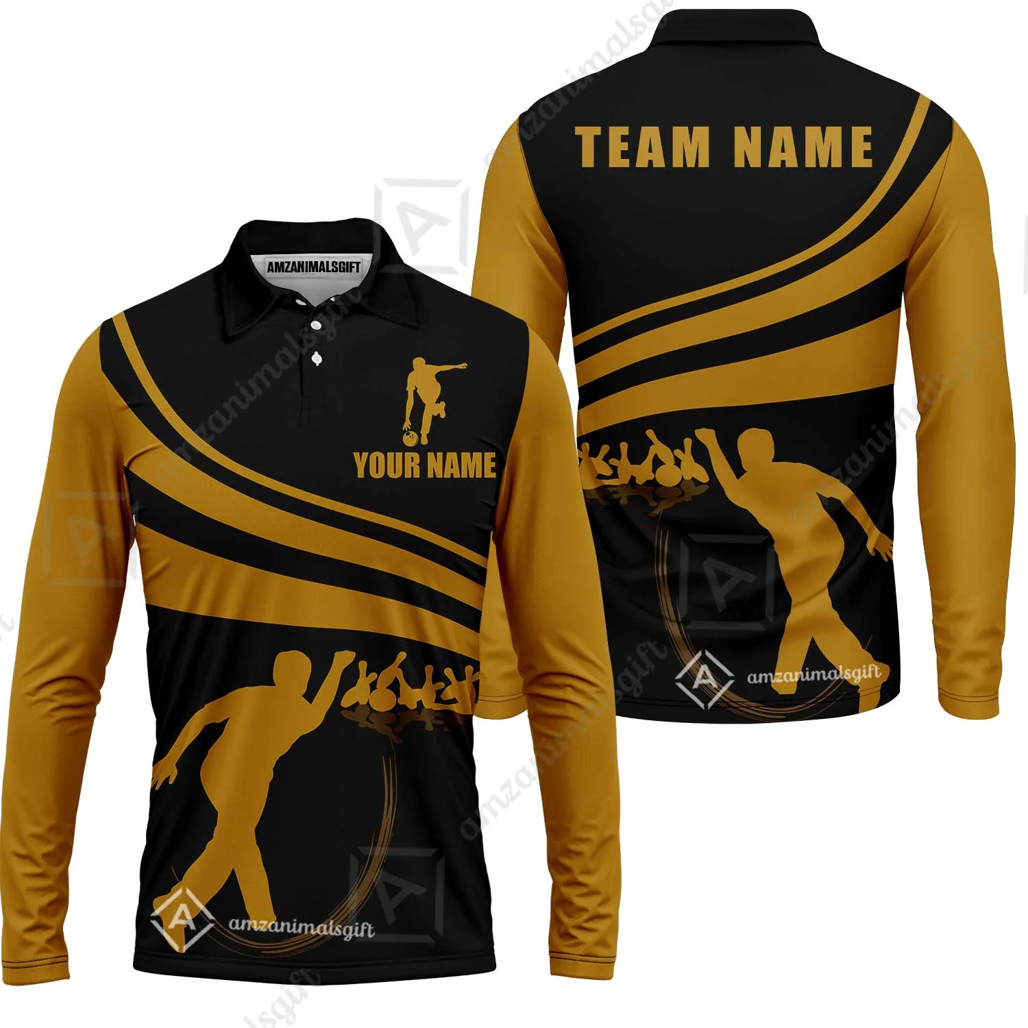 Bowling Custom Long Sleeve Men Polo Shirt - Custom Name Black and Gold Men Bowlers Personalized Bowling Polo Shirt - Image 2