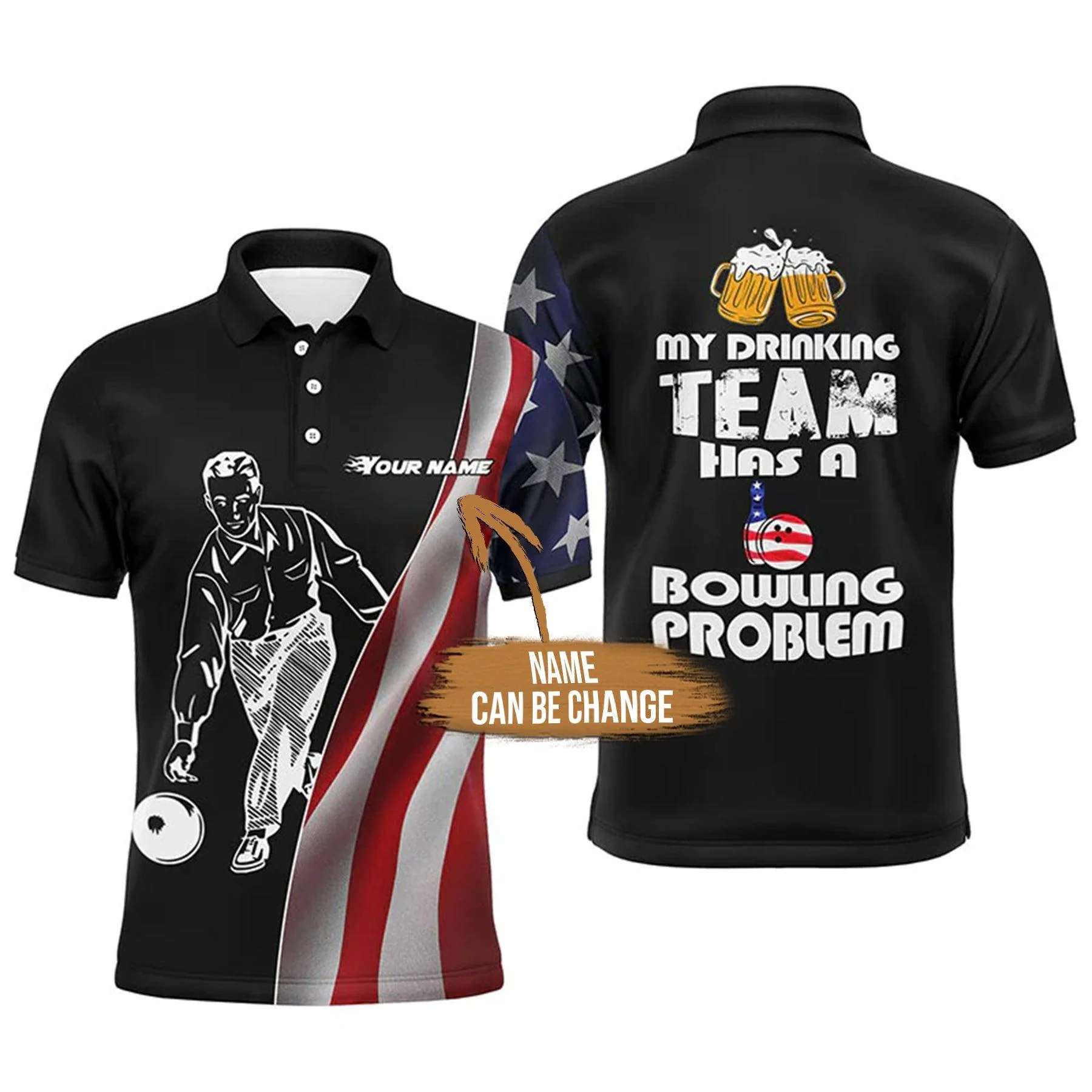 Bowling Custom Men Polo Shirt - Custom Funny Men, American Flag Beer Personalized Bowling Polo Shirt - Gift For Friend, Family - Image 2