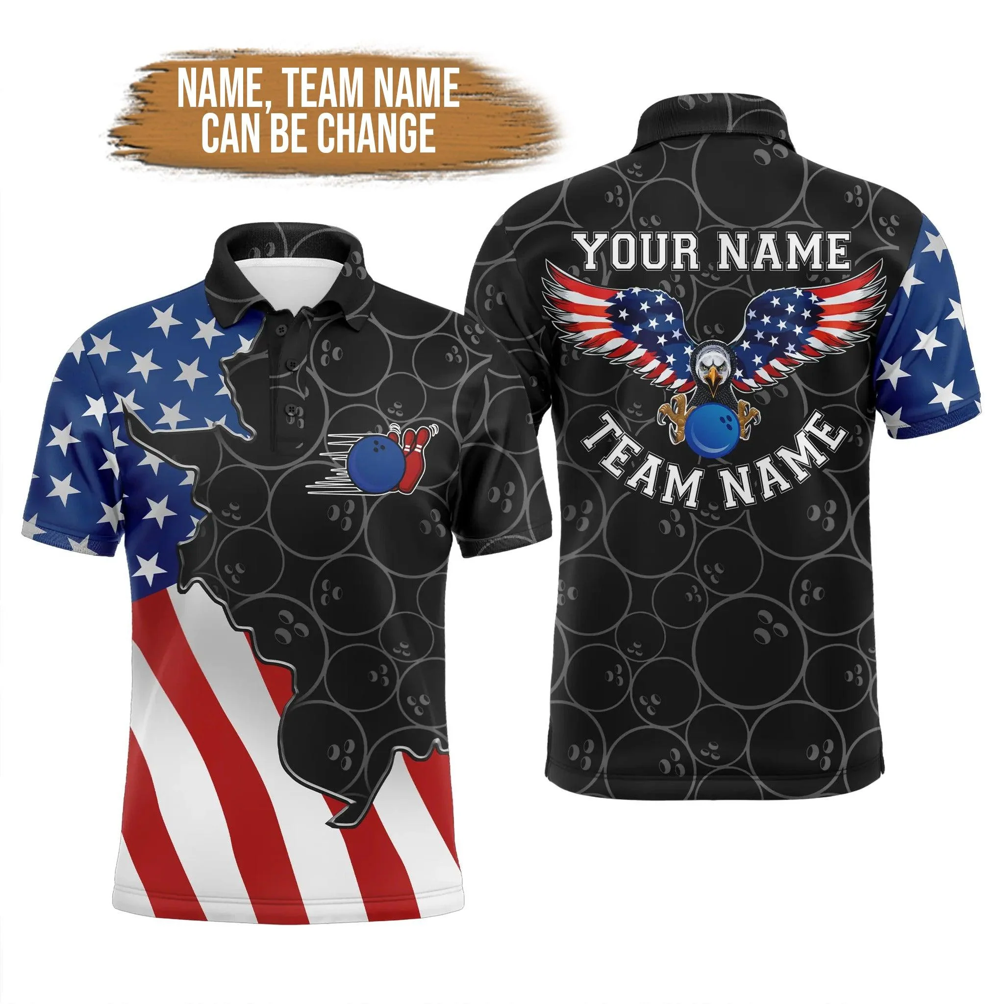 Bowling Custom Men Polo Shirt - Custom Name American Flag Patriotic Retro Bowling Personalized Bowling Polo Shirt - Perfect Gift For Friend, Family