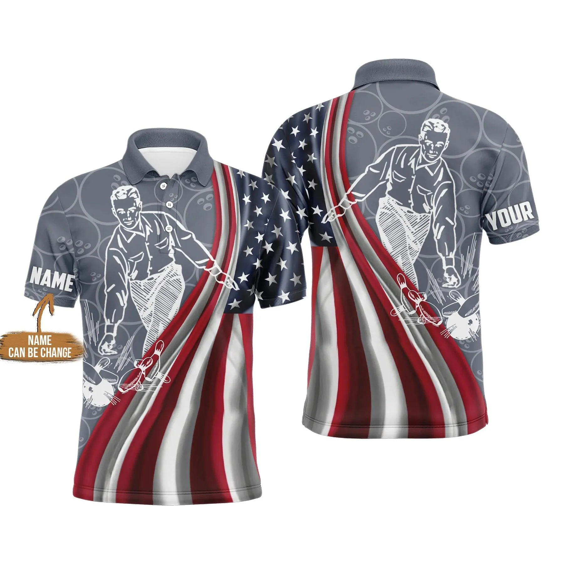 Bowling Custom Men Polo Shirt - Custom Name American Flag Personalized Bowling Polo Shirt - Gift For Friend, Family