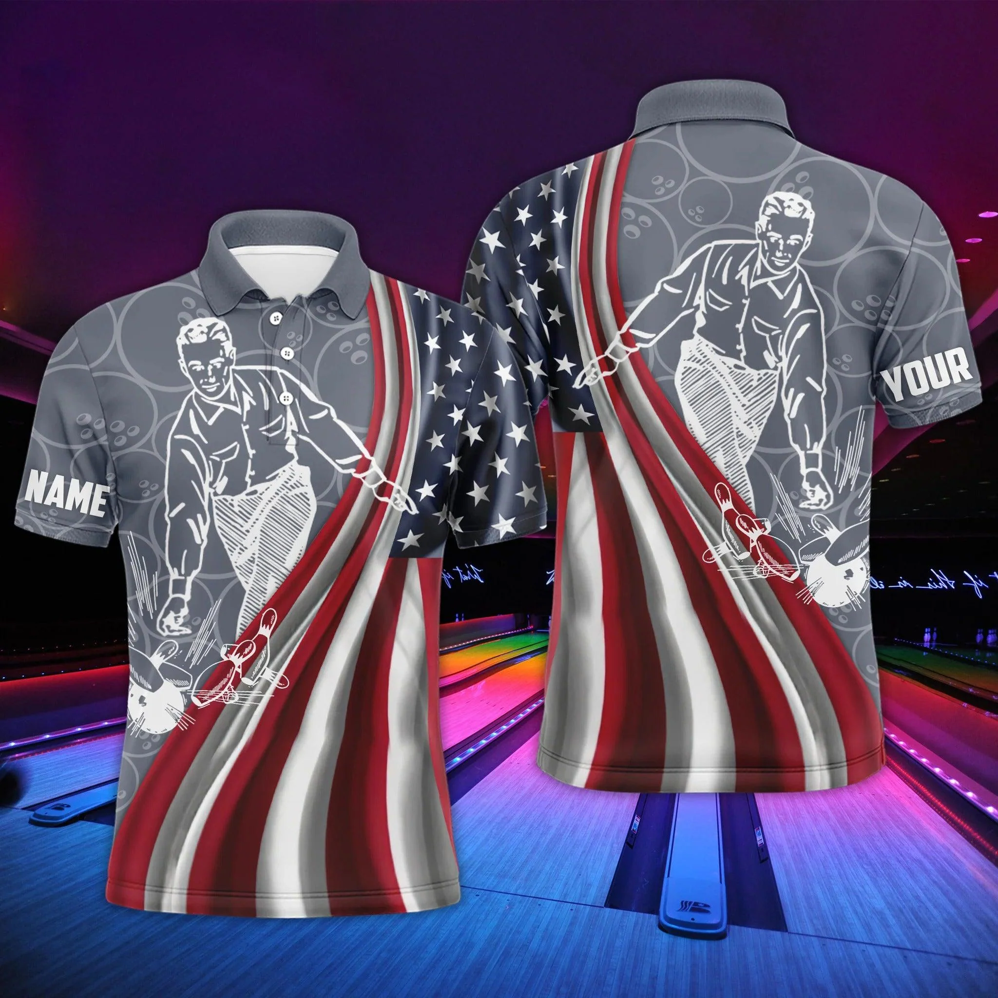 Bowling Custom Men Polo Shirt - Custom Name American Flag Personalized Bowling Polo Shirt - Gift For Friend, Family - Image 2