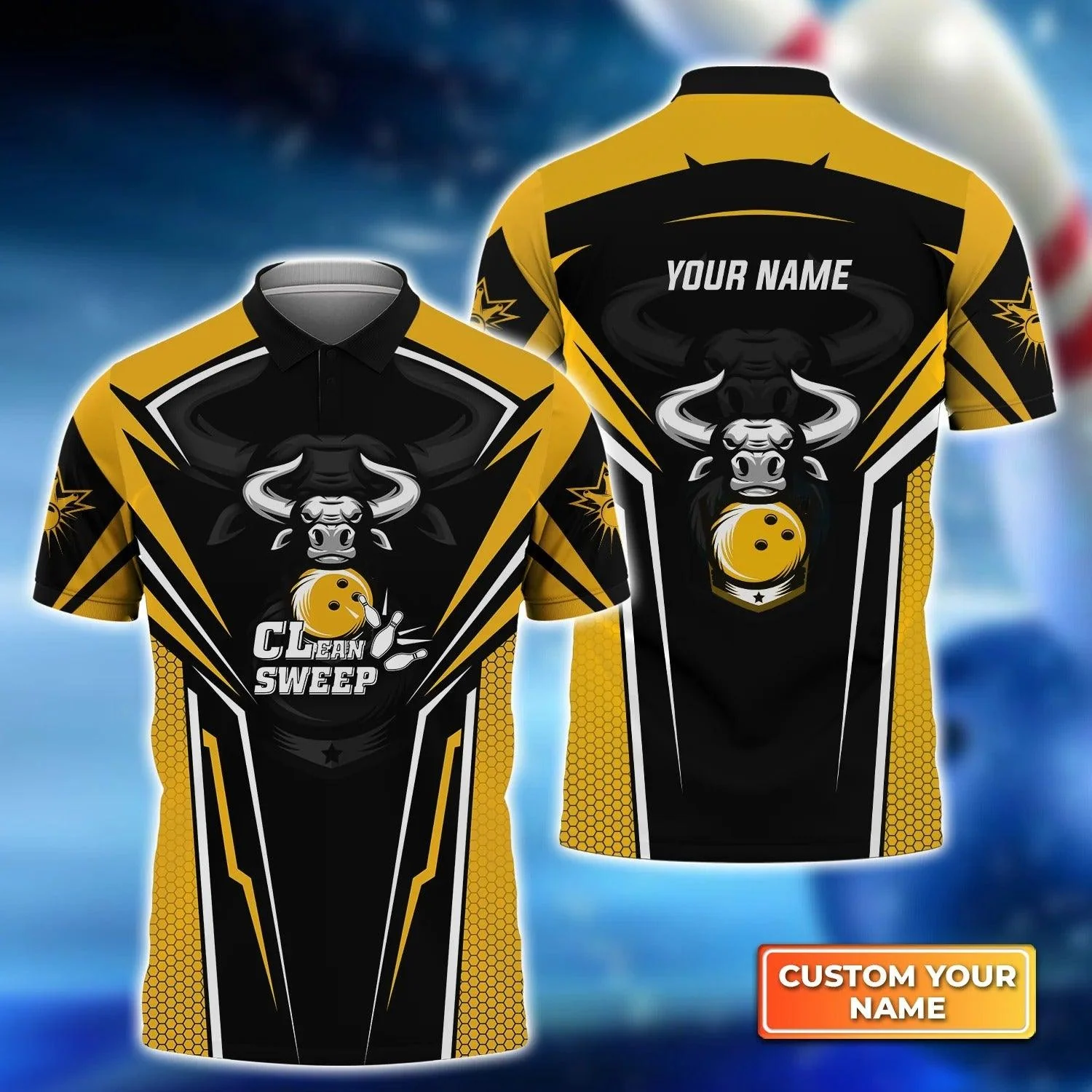 Bowling Custom Men Polo Shirt - Custom Name Bowling Bull Clean Sweep Yellow Black Personalized Bowling Polo Shirt - Perfect Gift For Friend, Family
