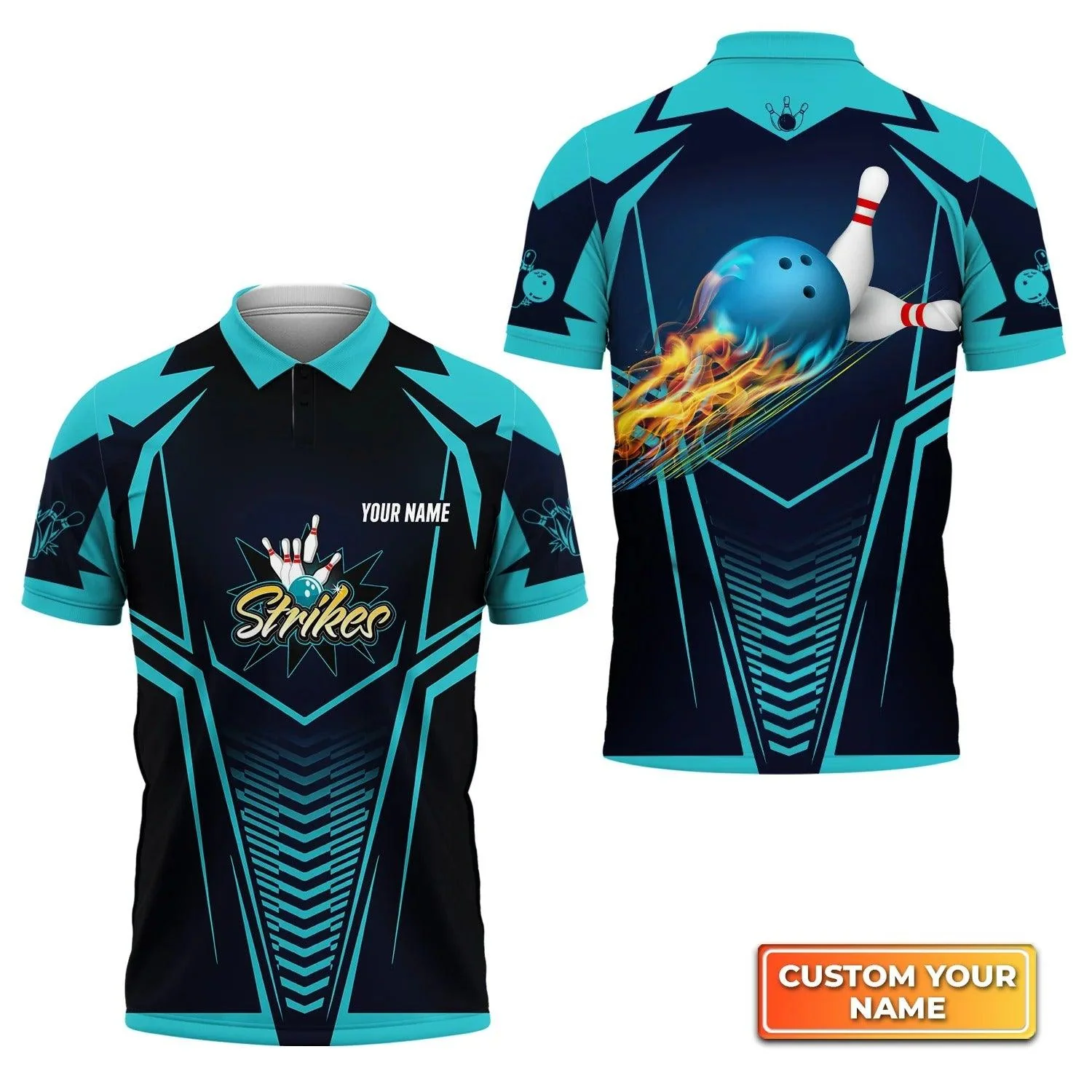 Bowling Custom Men Polo Shirt - Custom Name Bowling Strikes Blue Bowling Ball Crashing The Pins Personalized Bowling Polo Shirt - Perfect Gift For Friend, Family - Image 3