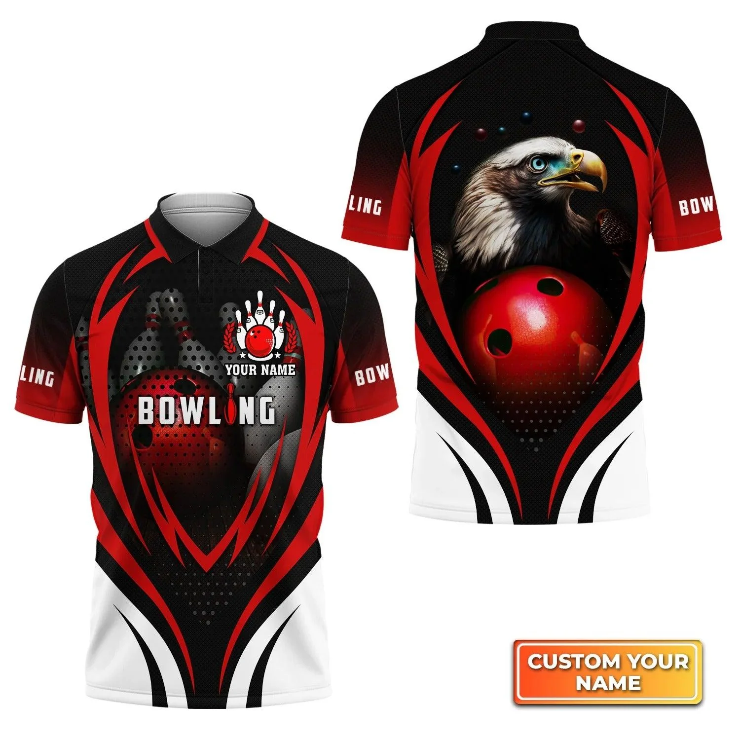 Bowling Custom Men Polo Shirt - Custom Name Eagle Bowling Team With Red Ball Personalized Bowling Polo Shirt - Perfect Gift For Friend, Family - Image 2