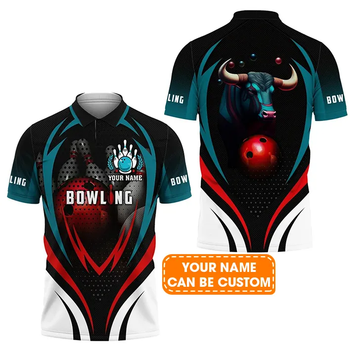 Bowling Custom Men Polo Shirt - Custom Name Eagle Bowling Team With Red Ball Turquoise Personalized Bowling Polo Shirt - Perfect Gift For Friend, Family - Image 2