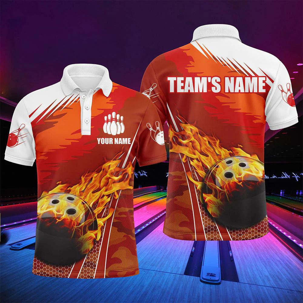 Bowling Custom Men Polo Shirt - Custom Name Flame Bowling Personalized Bowling Polo Shirt - Gift For Friend, Family