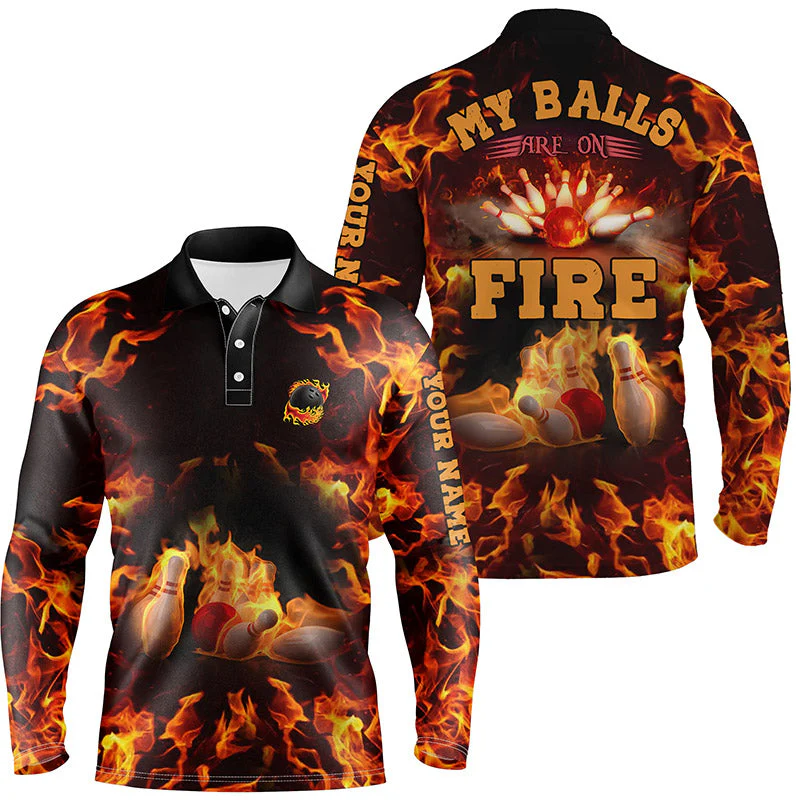 Bowling Custom Men Polo Shirt - Custom Name Flame Bowling Shirt, My Balls Are On Fire Bowling Personalized Bowling Polo Shirt - Perfect Gift For Friend, Family - Image 2