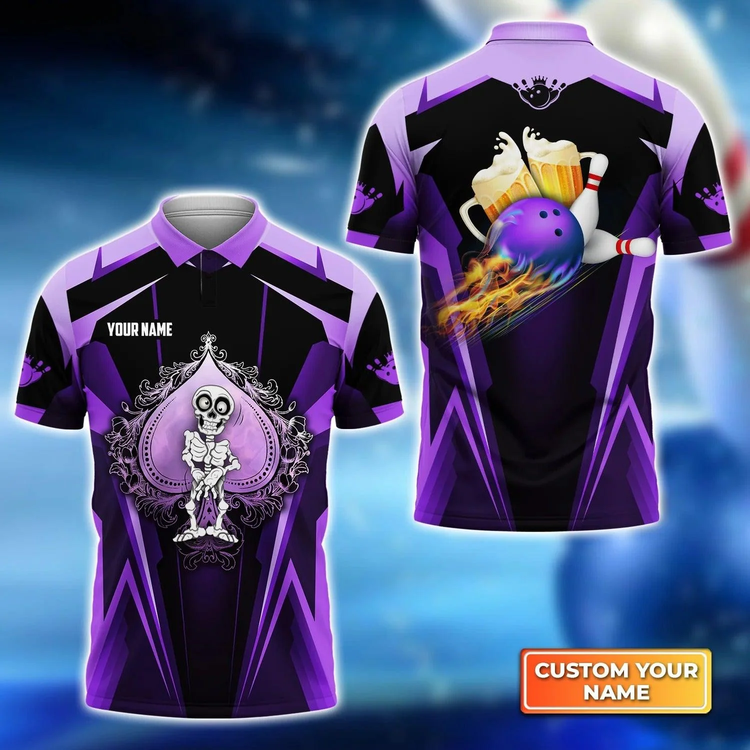 Bowling Custom Men Polo Shirt - Custom Name Purple Spade Bowling And Beer Personalized Bowling Polo Shirt - Perfect Gift For Friend, Family