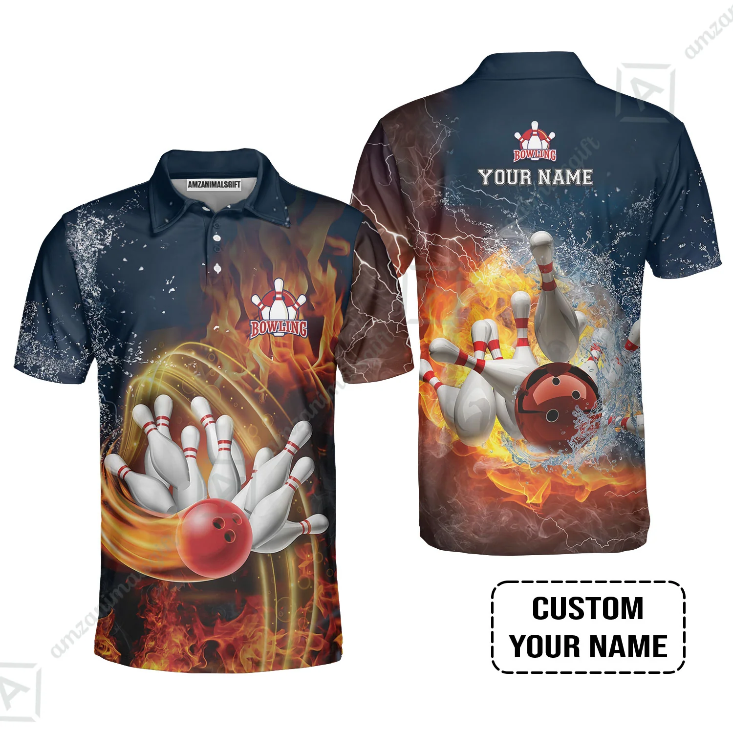Bowling Custom Men Polo Shirt - Custom Name Red Bowl And Pins In Water And Fire Personalized Bowling Polo Shirt