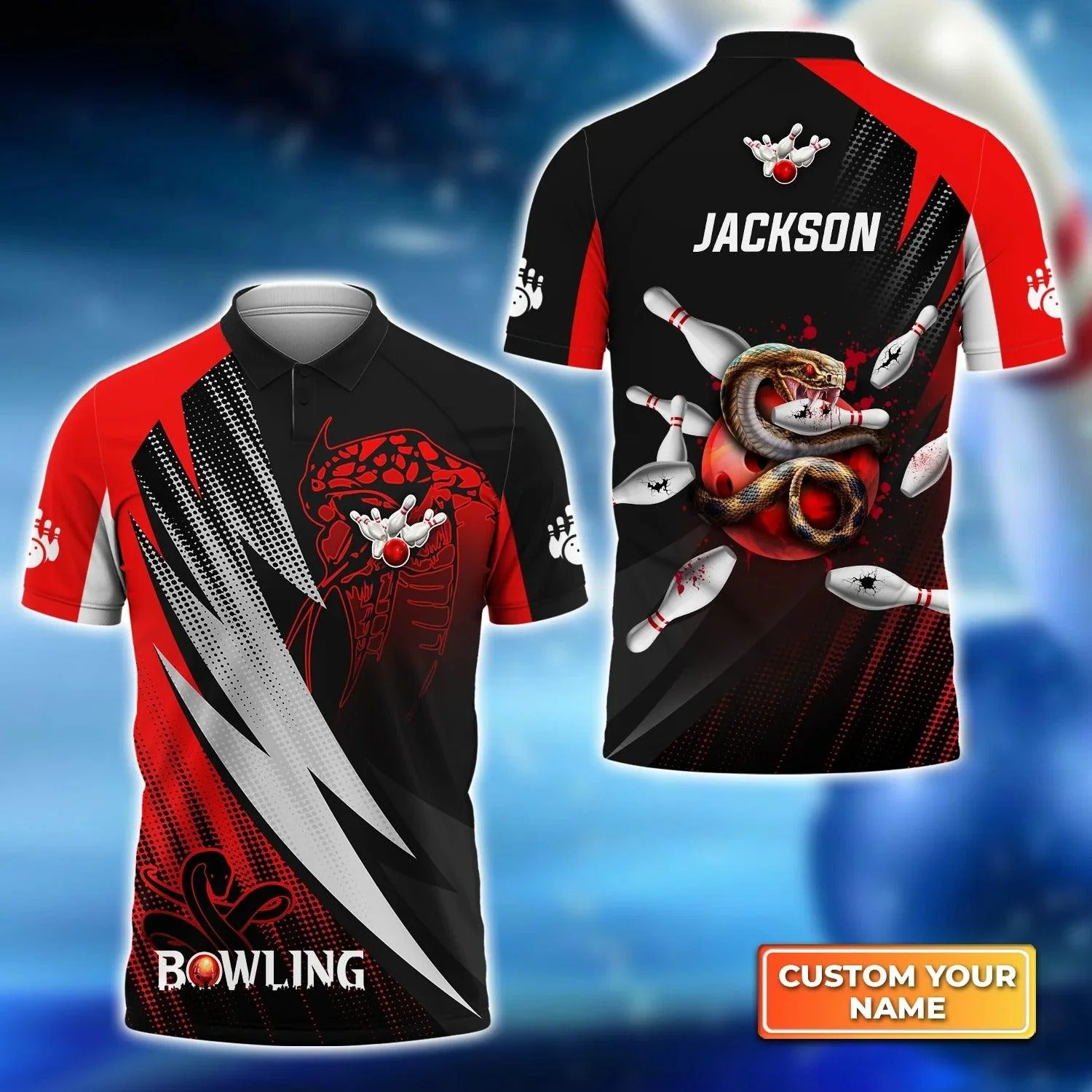 Bowling Custom Men Polo Shirt - Custom Name Strike Bloody Snake Bowling Ball On Fire Personalized Bowling Polo Shirt - Perfect Gift For Friend, Family