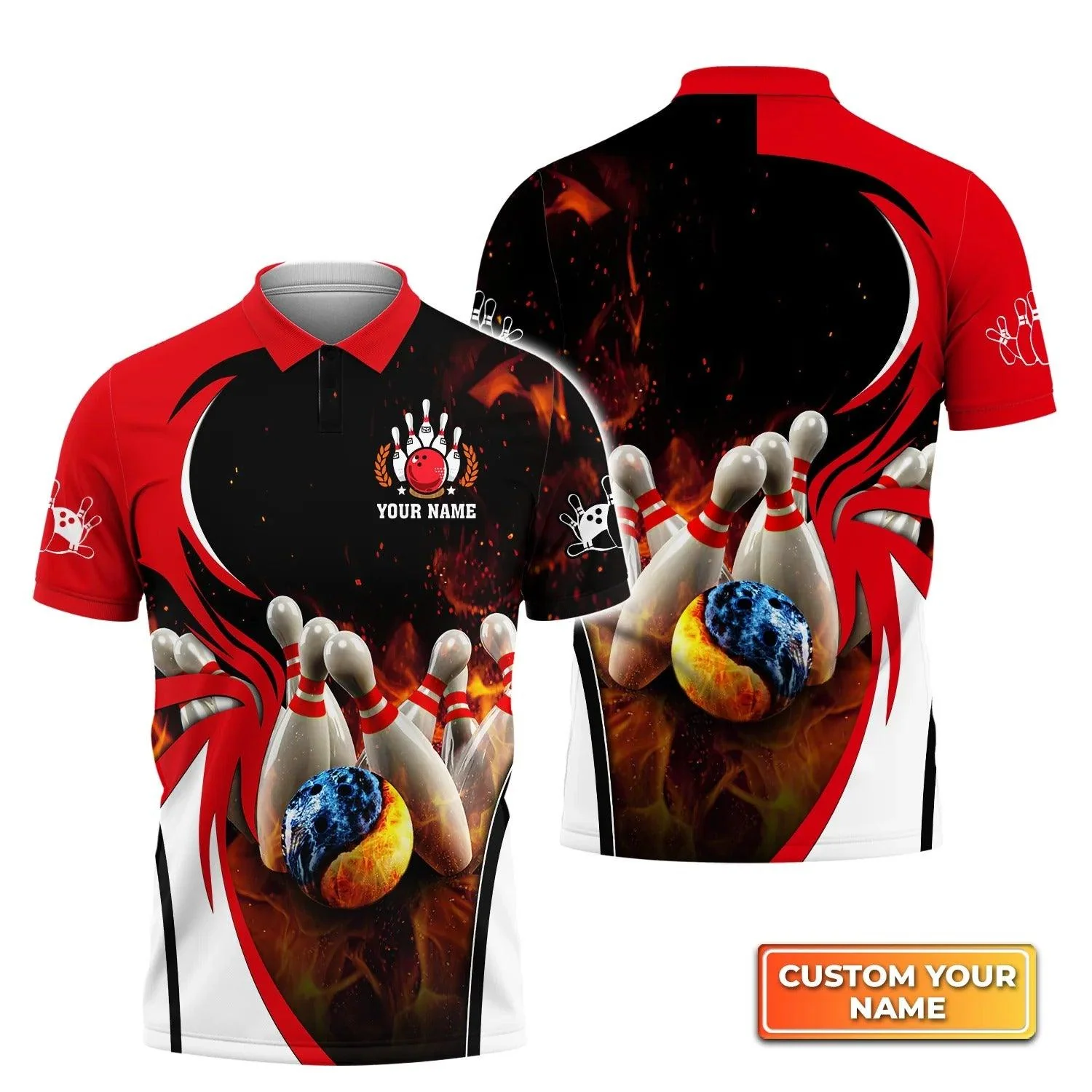 Bowling Custom Men Polo Shirt - Custom Name Water And Fire In Bowling Ball Personalized Bowling Polo Shirt - Perfect Gift For Friend, Family
