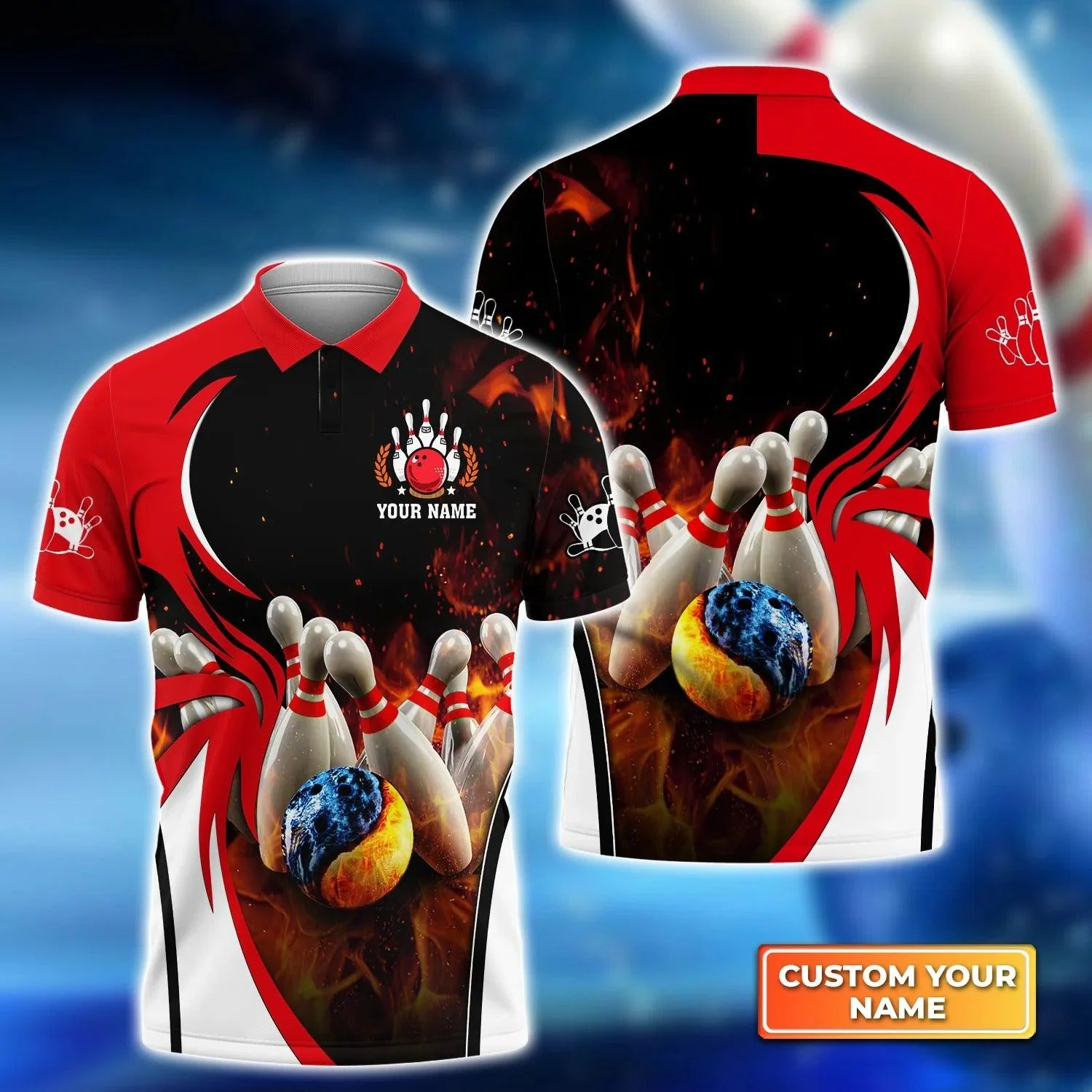 Bowling Custom Men Polo Shirt - Custom Name Water And Fire In Bowling Ball Personalized Bowling Polo Shirt - Perfect Gift For Friend, Family - Image 2