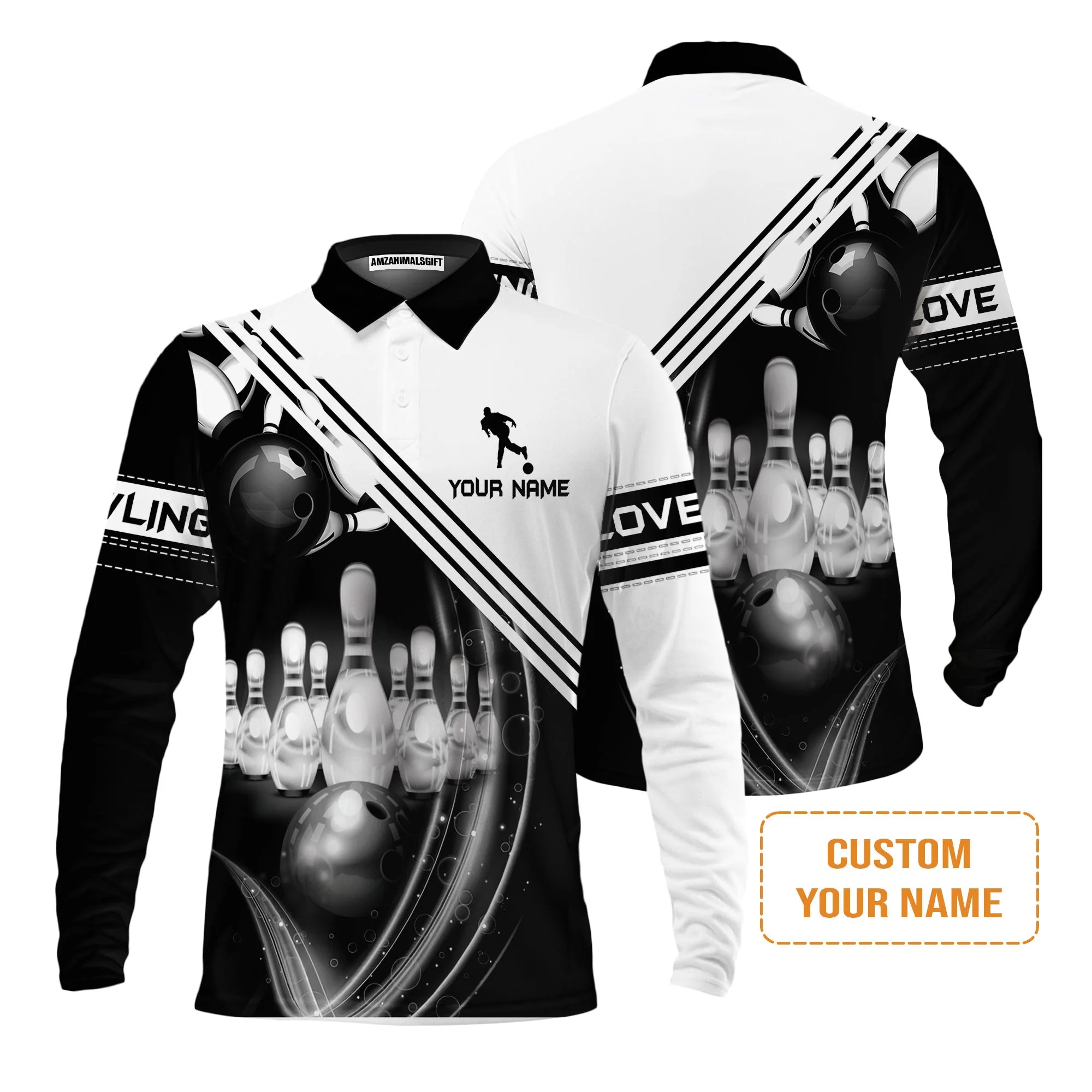 Bowling Custom Men's Long Sleeve Polo Shirt - Custom Name Black And White Bowling Ball In Motion And The Pins Personalized Bowling Long Sleeve Polo Shirt - Image 2