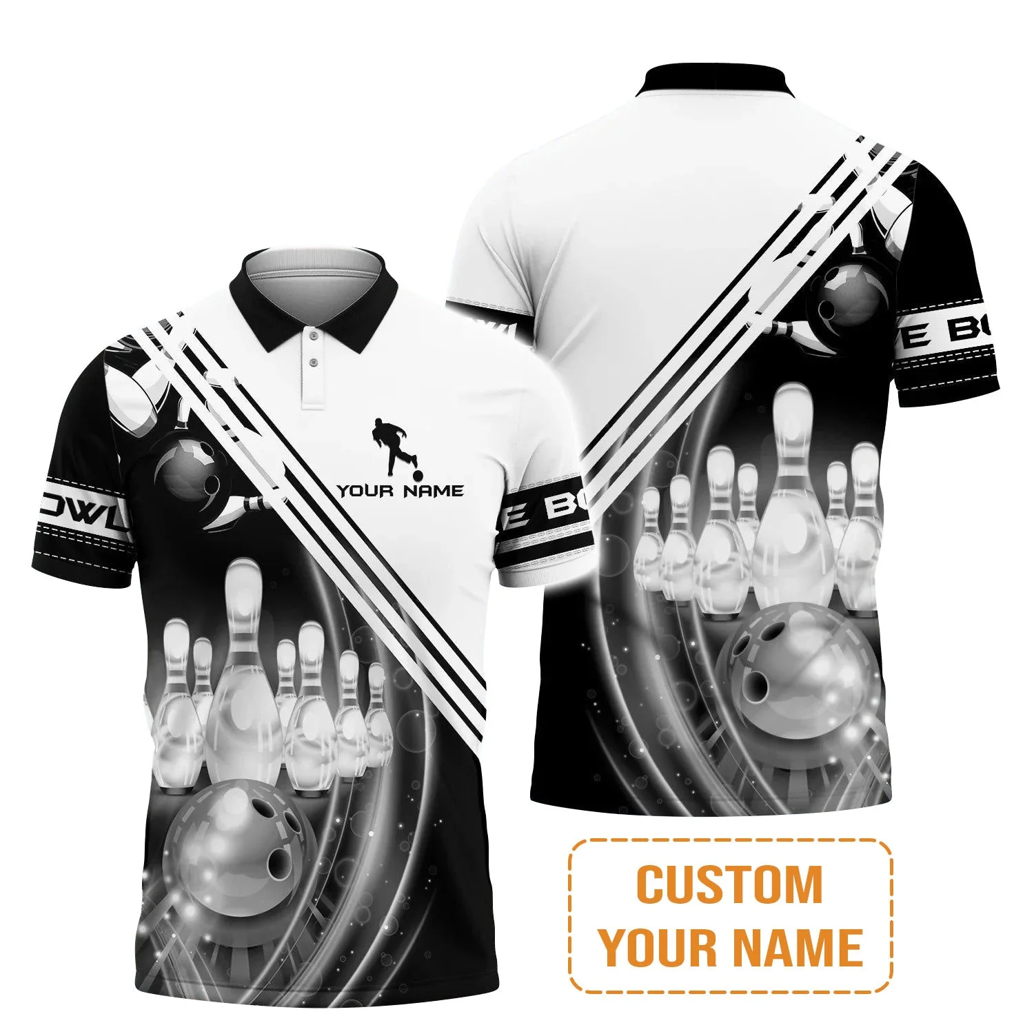 Bowling Custom Men's Long Sleeve Polo Shirt - Custom Name Black And White Bowling Ball In Motion And The Pins Personalized Bowling Long Sleeve Polo Shirt - Image 3