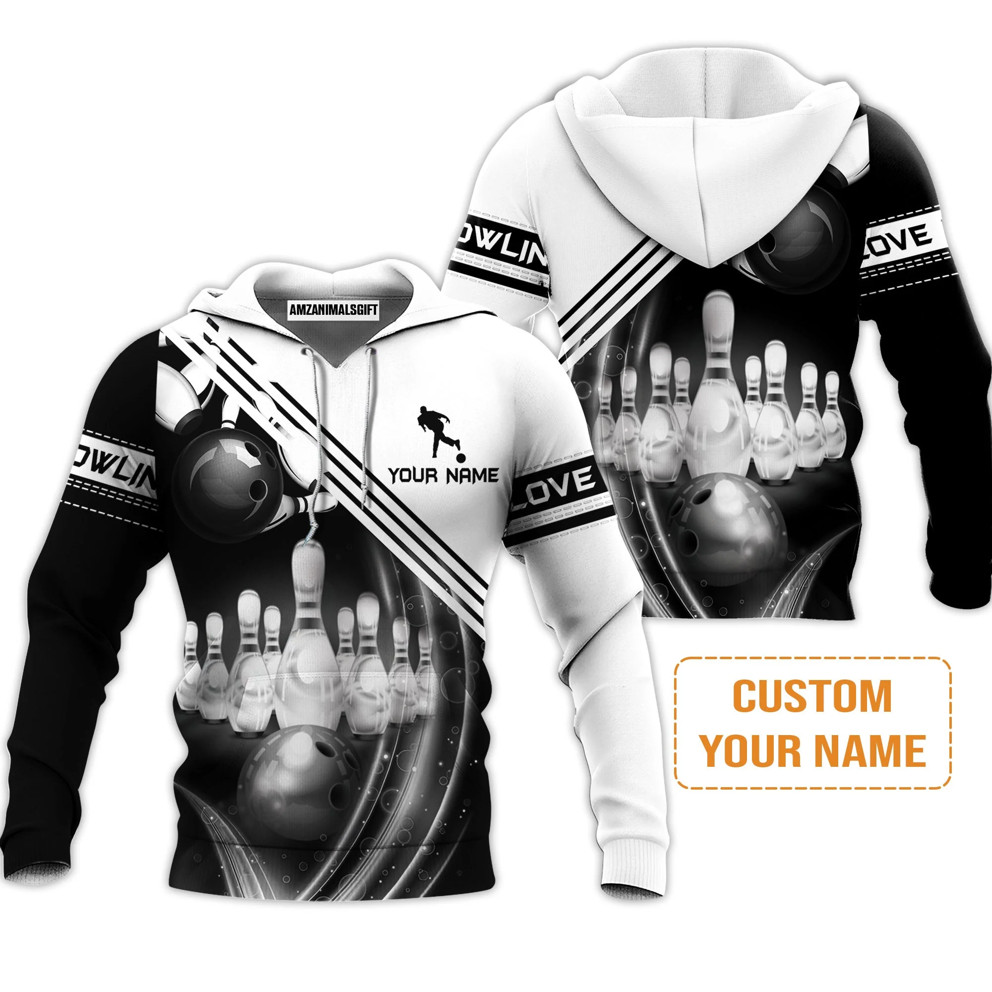Bowling Custom Men's Long Sleeve Polo Shirt - Custom Name Black And White Bowling Ball In Motion And The Pins Personalized Bowling Long Sleeve Polo Shirt - Image 5