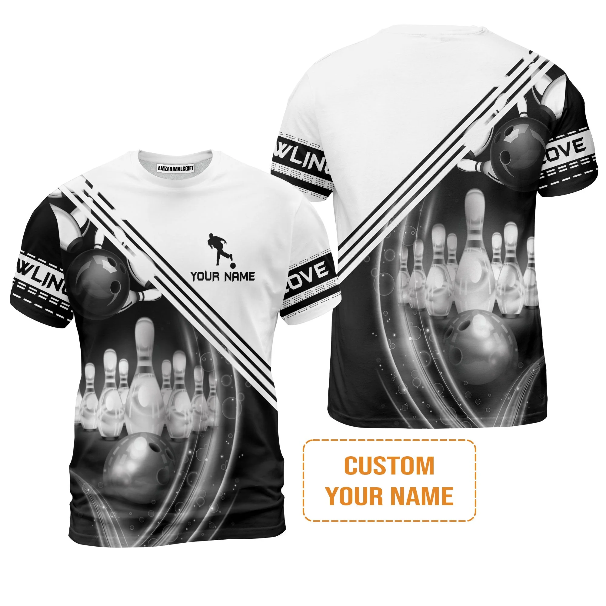 Bowling Custom Men's Long Sleeve Polo Shirt - Custom Name Black And White Bowling Ball In Motion And The Pins Personalized Bowling Long Sleeve Polo Shirt - Image 7