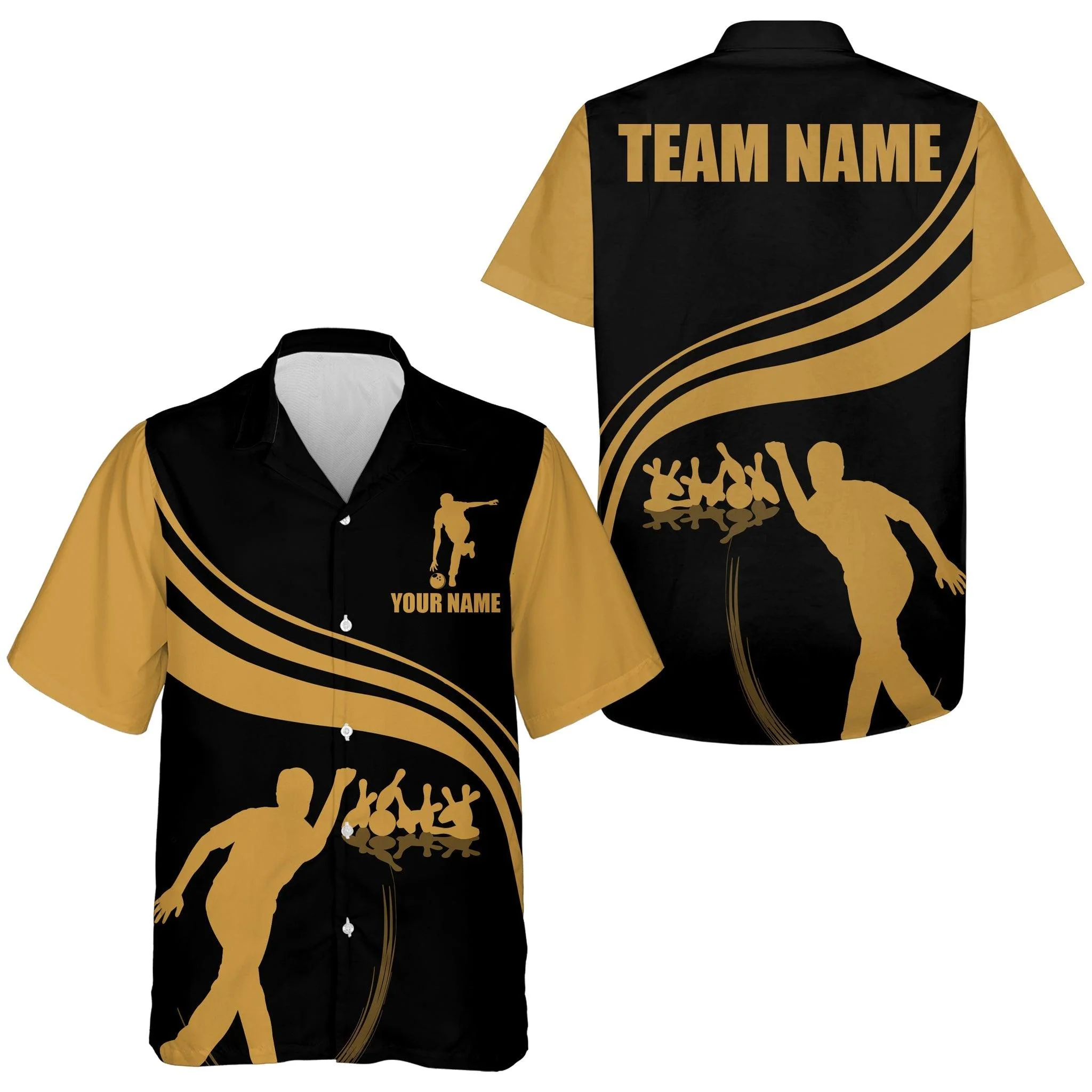Bowling Custom Name And Team Name Hawaiian Shirt, Black and Gold Bowling Personalized Hawaiian Shirts For Men Women, Bowling Lovers, Bowlers