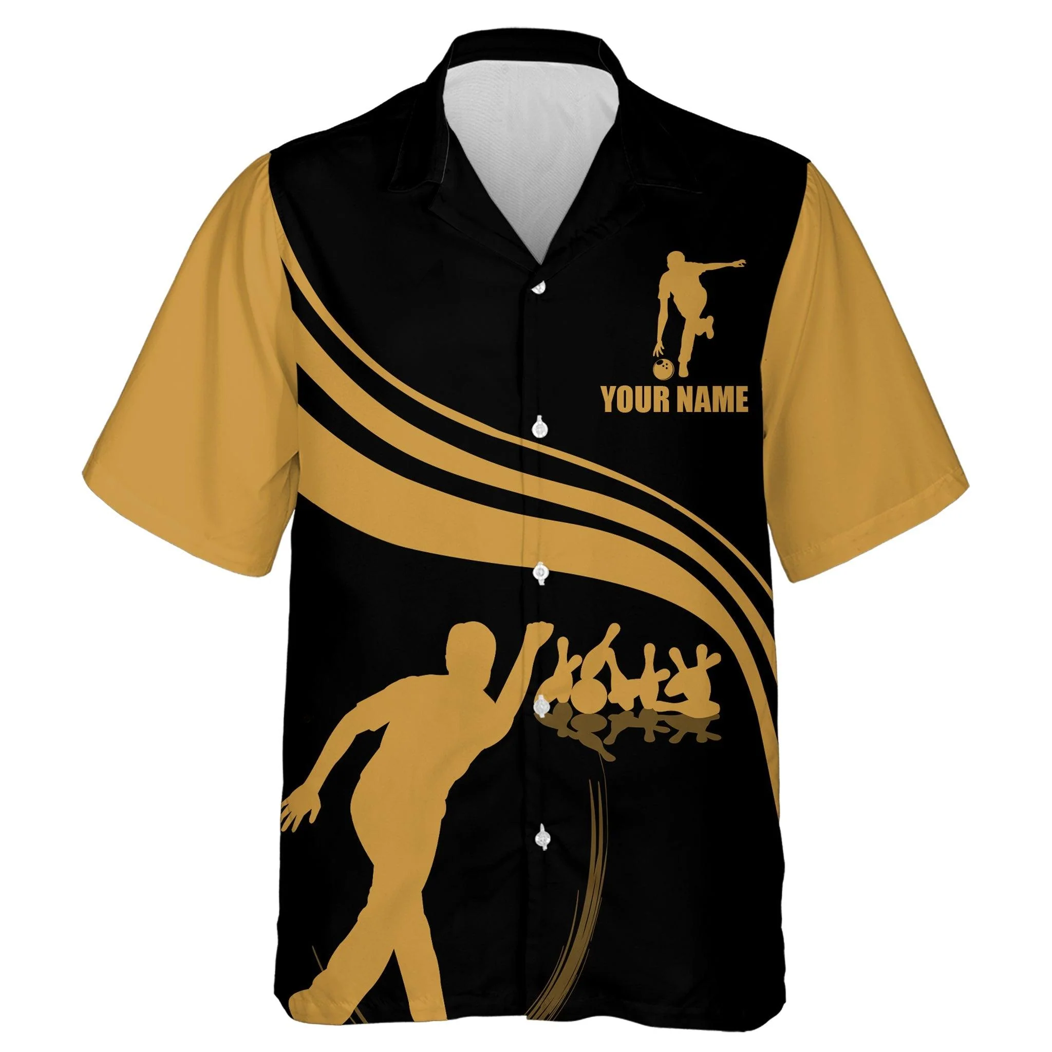 Bowling Custom Name And Team Name Hawaiian Shirt, Black and Gold Bowling Personalized Hawaiian Shirts For Men Women, Bowling Lovers, Bowlers - Image 2