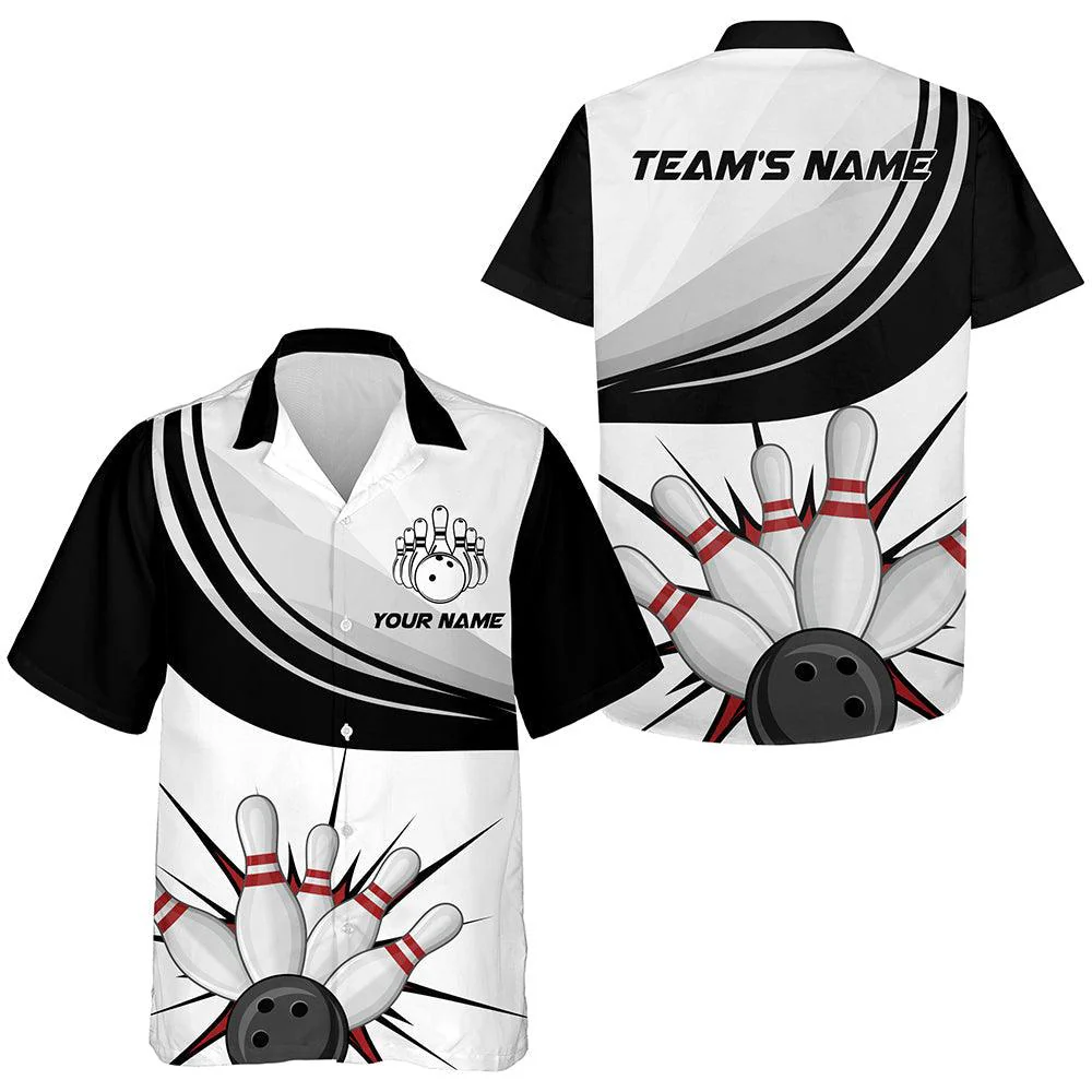 Bowling Custom Name And Team Name Hawaiian Shirt, Bowling Balls And Pins Personalized Hawaiian Shirts For Men Women, Team, Bowling Lovers, Bowlers