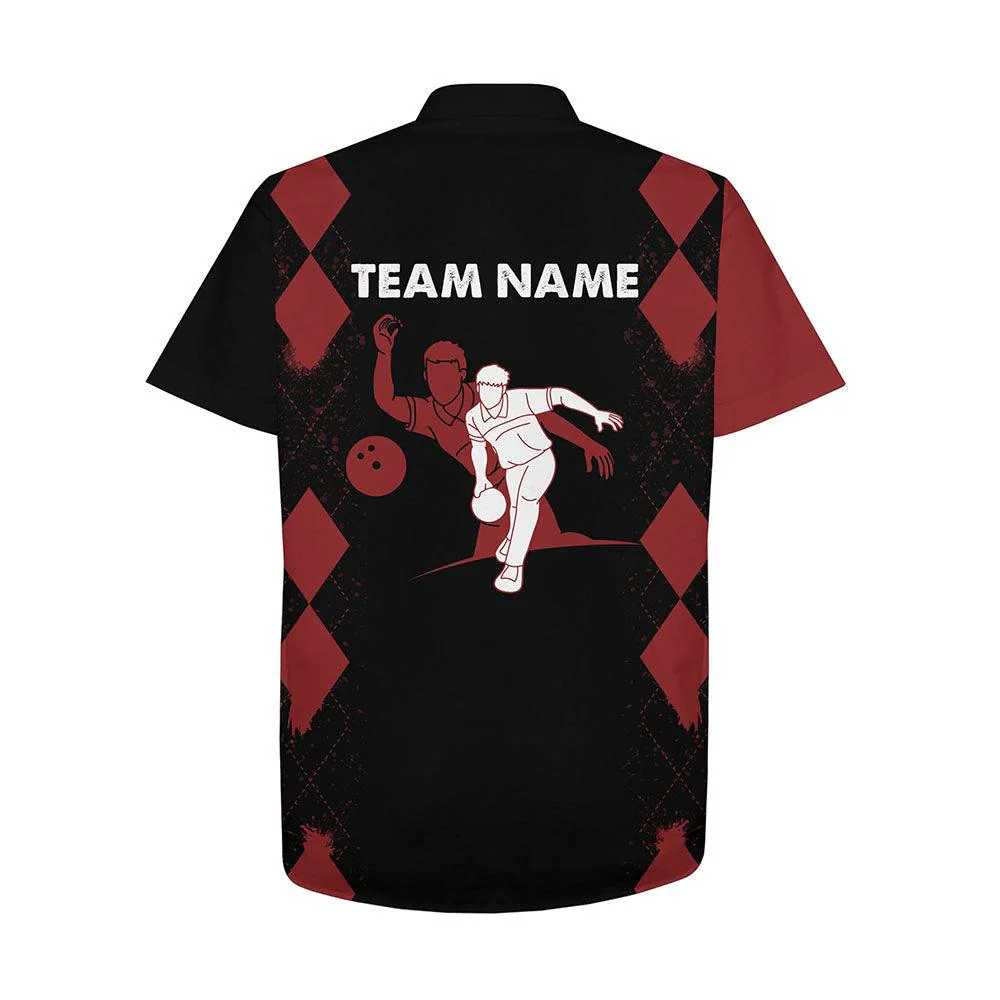 Bowling Custom Name And Team Name Hawaiian Shirt, Red Black Argyle Bowling Personalized Hawaiian Shirts For Men Women, Team, Bowling Lovers, Bowlers - Image 2