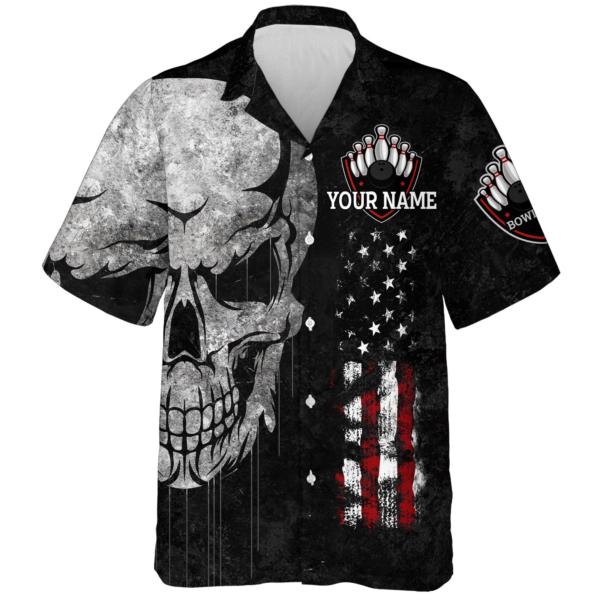 Bowling Custom Name And Team Name Hawaiian Shirt, Skull Patriotic American Flag Personalized Hawaiian Shirts For Men Women, Bowling Lovers, Bowlers - Image 2
