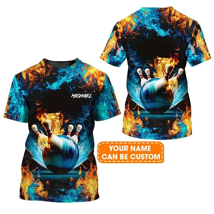 Bowling Custom Name T Shirt, Blue Bowling Ball And Pins On Fire Personalized T-Shirt For Men, Perfect Gift For Bowling Lovers, Bowlers, Team, Friend - Image 2