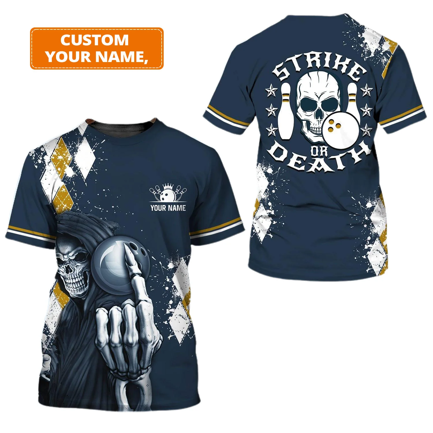 Bowling Custom Name T Shirt, Blue Bowling With Skull Ball And Pins, Strike Or Death Personalized T-Shirt For Men, Gift For Bowling Lovers, Bowlers - Image 2