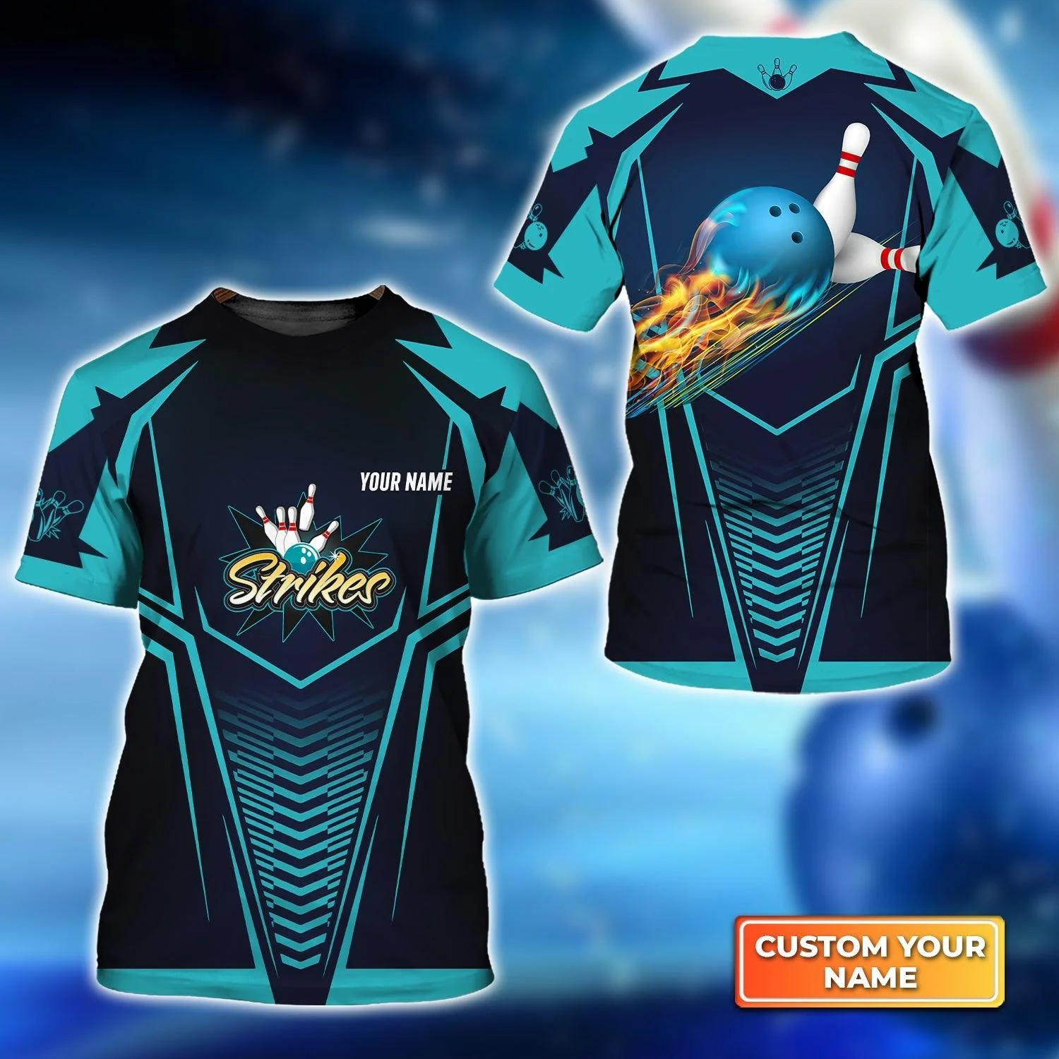 Bowling Custom Name T Shirt, Bowling Strikes Blue Bowling Ball Crashing The Pins Personalized T-Shirt For Men, Perfect Gift For Bowling Lovers, Bowler