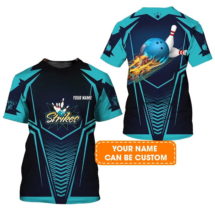 Bowling Custom Name T Shirt, Bowling Strikes Blue Bowling Ball Crashing The Pins Personalized T-Shirt For Men, Perfect Gift For Bowling Lovers, Bowler - Image 2