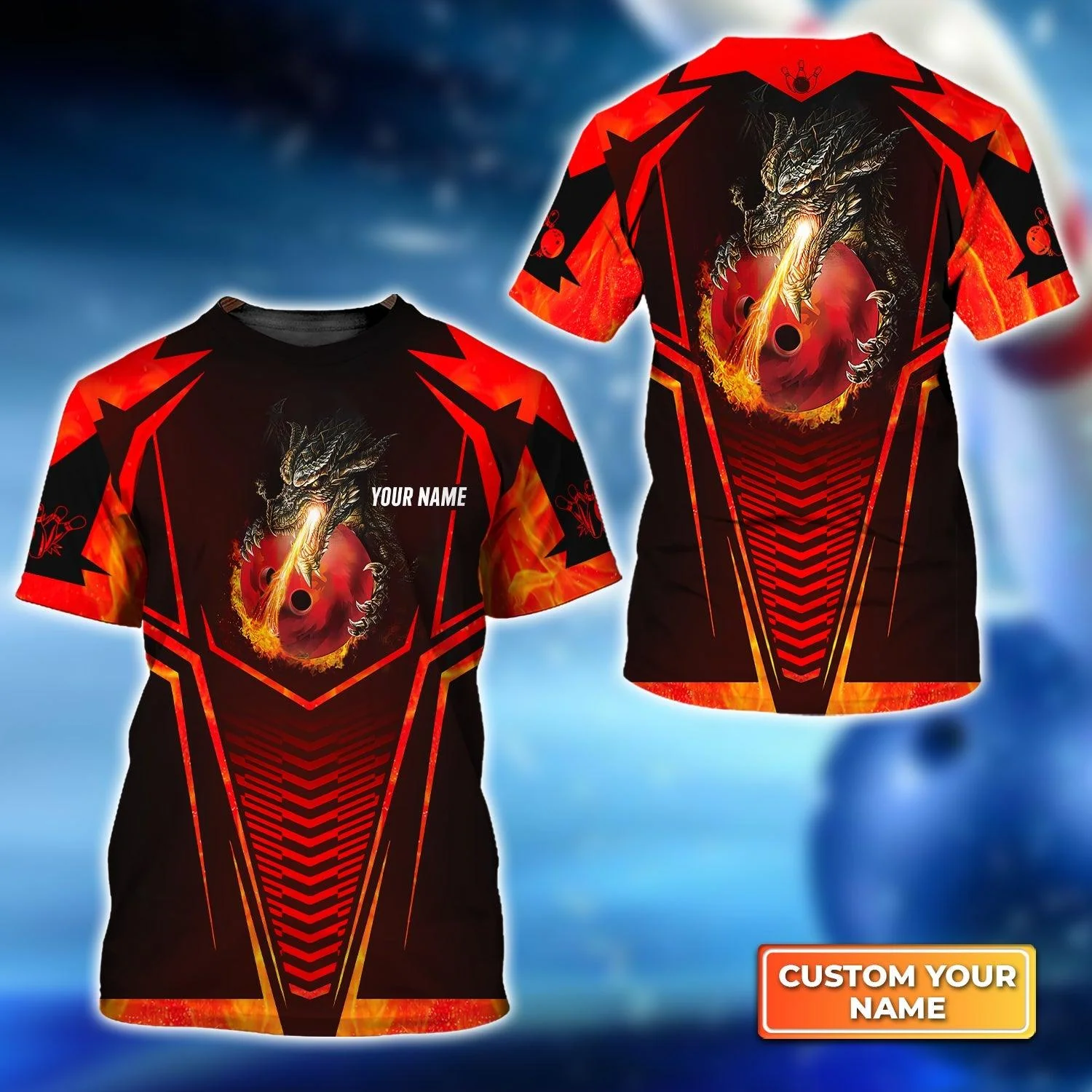 Bowling Custom Name T Shirt, Dragon Fire Flame Personalized Name T-Shirt For Men, Perfect Gift For Bowling Lovers, Bowlers, Team, Friend