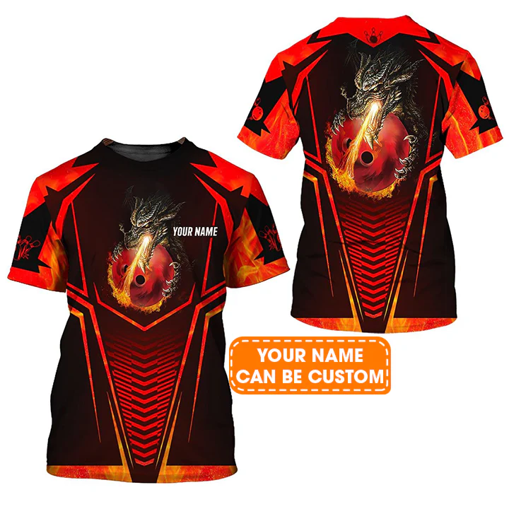 Bowling Custom Name T Shirt, Dragon Fire Flame Personalized Name T-Shirt For Men, Perfect Gift For Bowling Lovers, Bowlers, Team, Friend - Image 2
