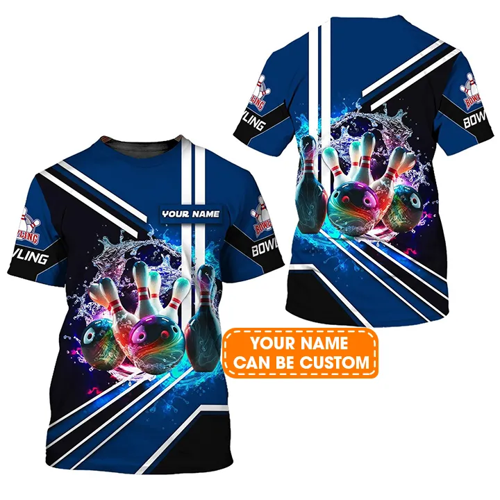 Bowling Custom Name T Shirt, Rainbow Bowling Ball And Pins On Water Personalized T-Shirt For Men, Perfect Gift For Bowling Lovers, Bowlers, Team - Image 2