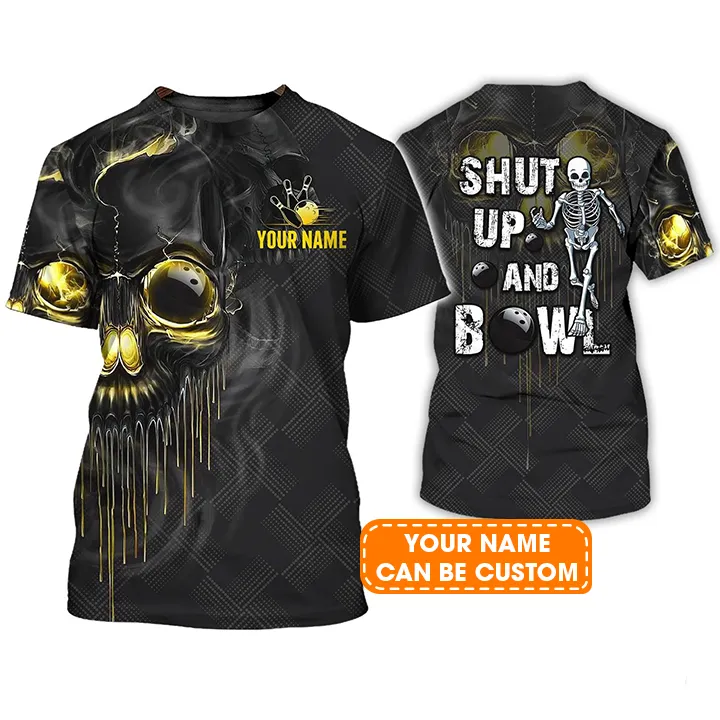 Bowling Custom Name T Shirt, Shut Up And Bowl Golden Skull Personalized T-Shirt For Men, Perfect Gift For Bowling Lovers, Bowlers, Team, Friend - Image 2